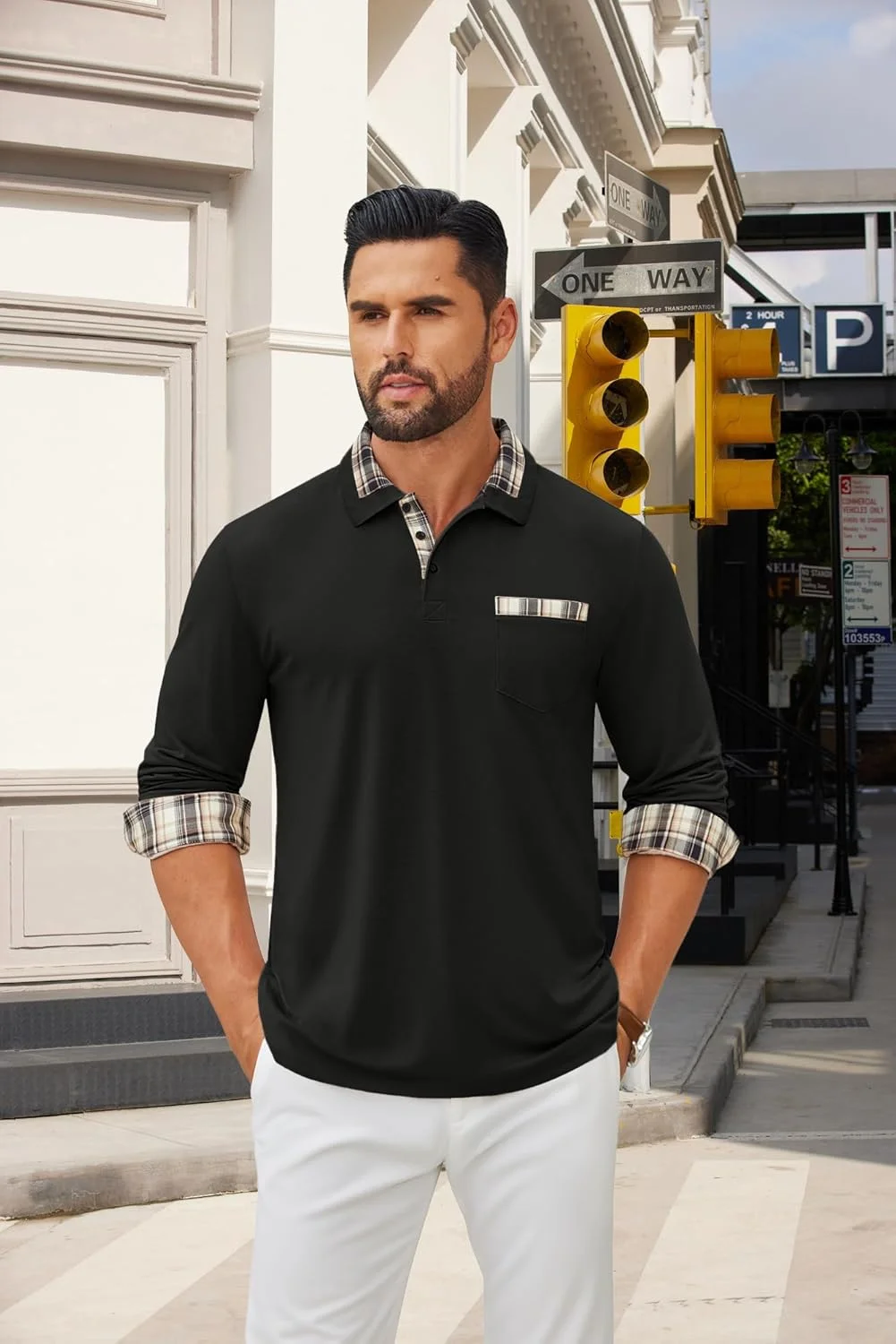 پولوشرت آستین بلند مردانه دکمه دار یقه دار طرح چهارخانه به همراه جیب پولوشرت آستین بلند مردانه دکمه دار یقه دار طرح چهارخانه به همراه جیب