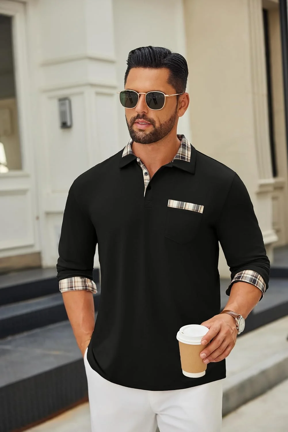 پولوشرت آستین بلند مردانه دکمه دار یقه دار طرح چهارخانه به همراه جیب پولوشرت آستین بلند مردانه دکمه دار یقه دار طرح چهارخانه به همراه جیب