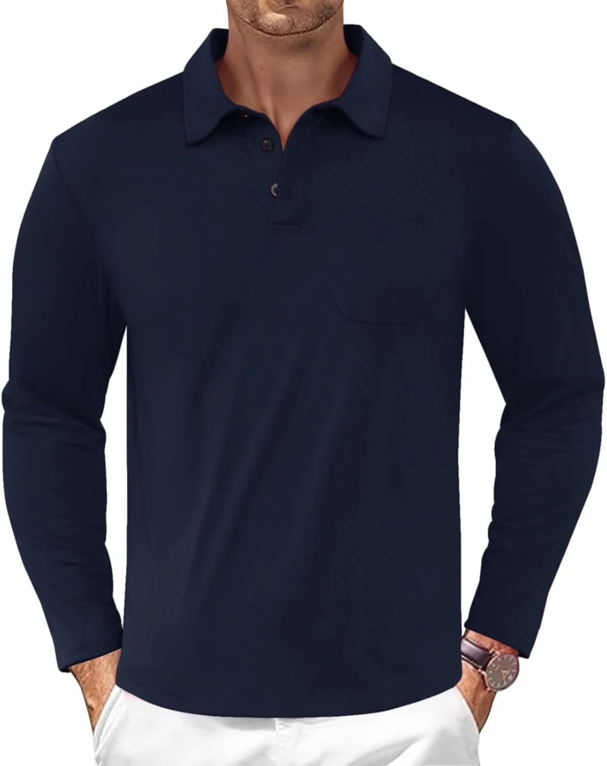 پولوشرت آستین بلند ورزشی مردانه، پیراهن گلف دکمه دار یقه دار سبک وزن با جیب