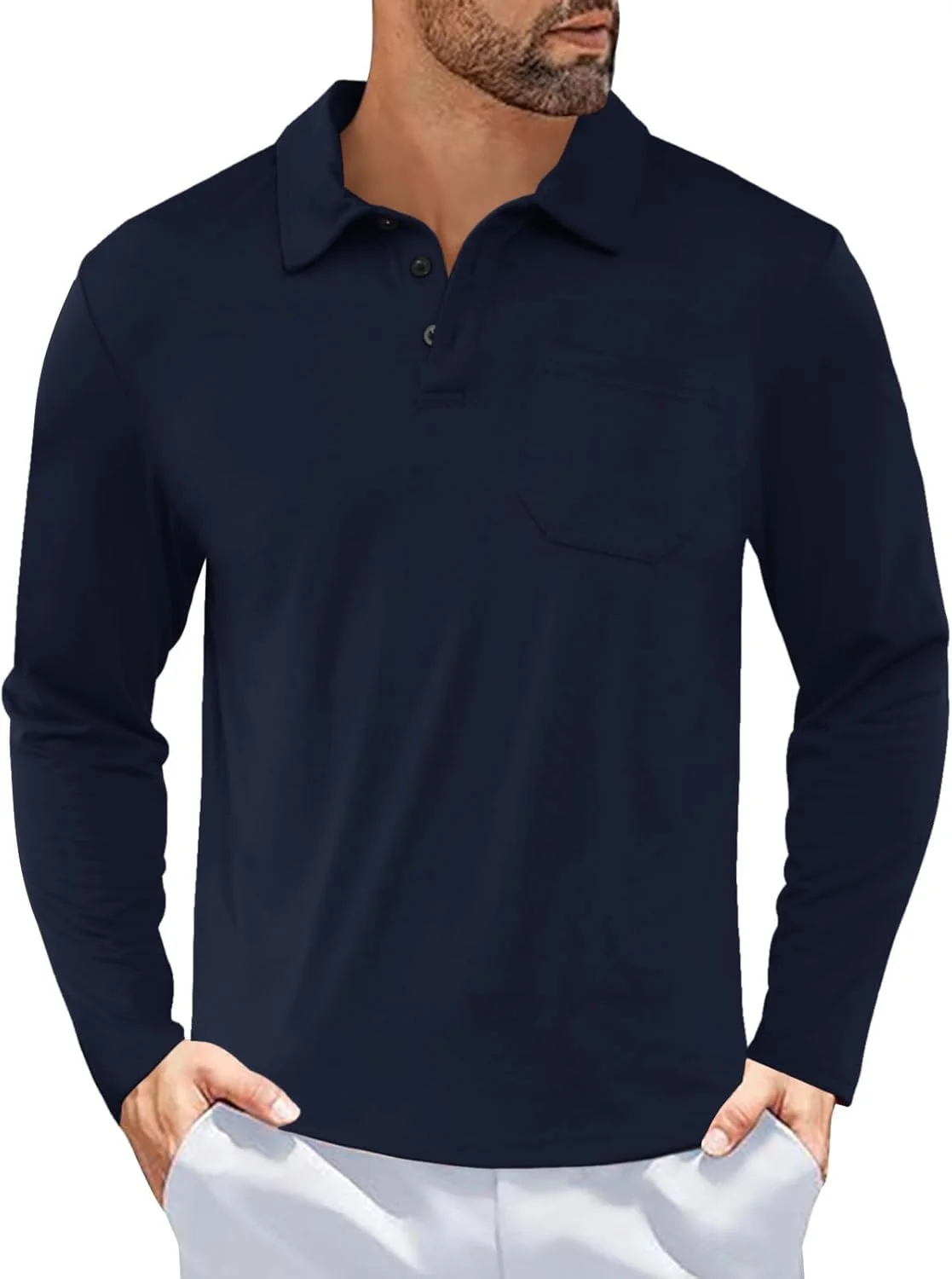 پولوشرت آستین بلند ورزشی مردانه، پیراهن گلف دکمه دار یقه دار سبک وزن با جیب