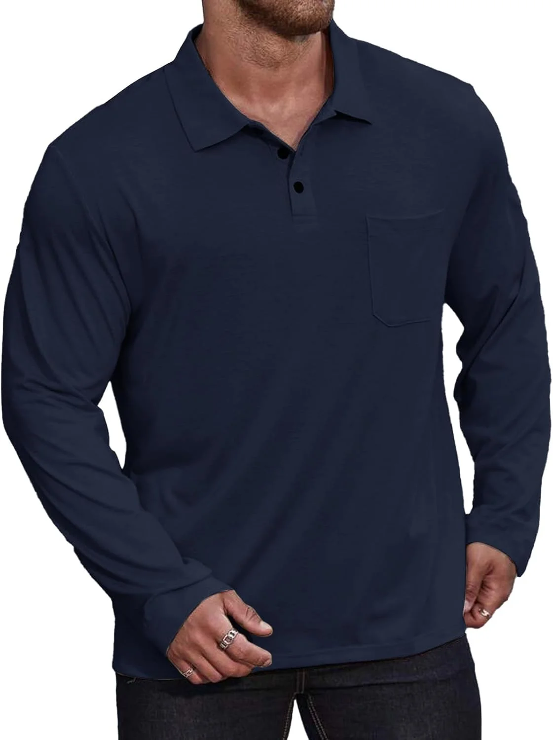 پولوشرت آستین بلند ورزشی مردانه، پیراهن گلف دکمه دار یقه دار سبک وزن با جیب