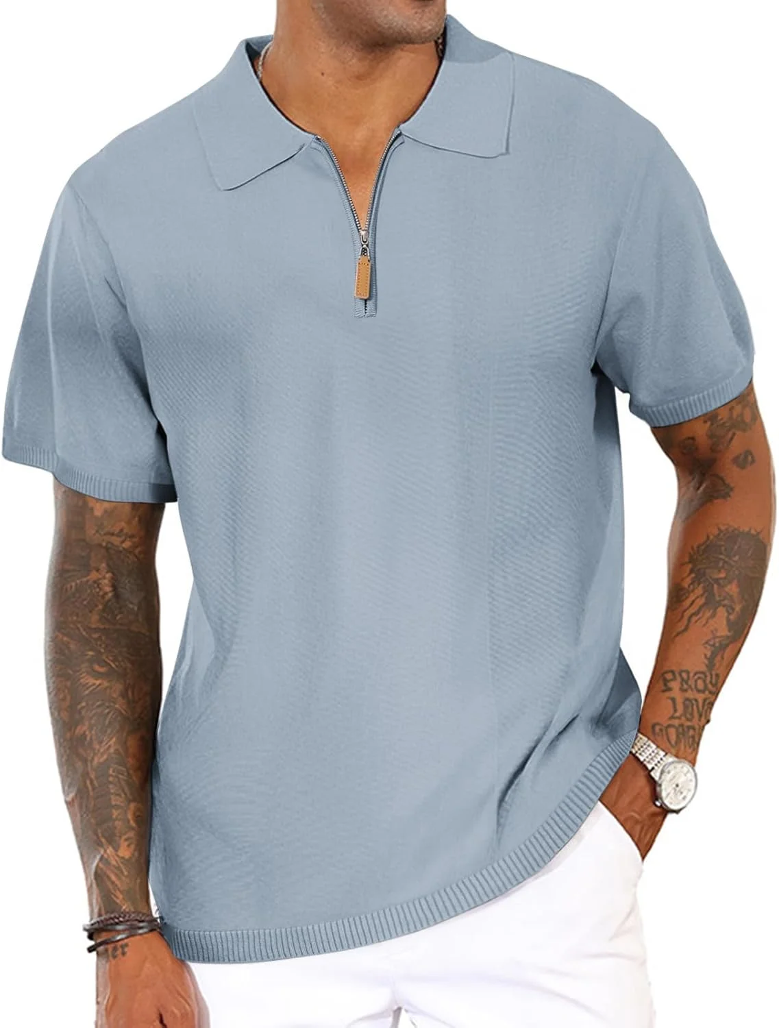 پولوشرت آستین کوتاه مردانه، یقه زیپ‌دار، بافت کشی، مناسب استایل کژوال