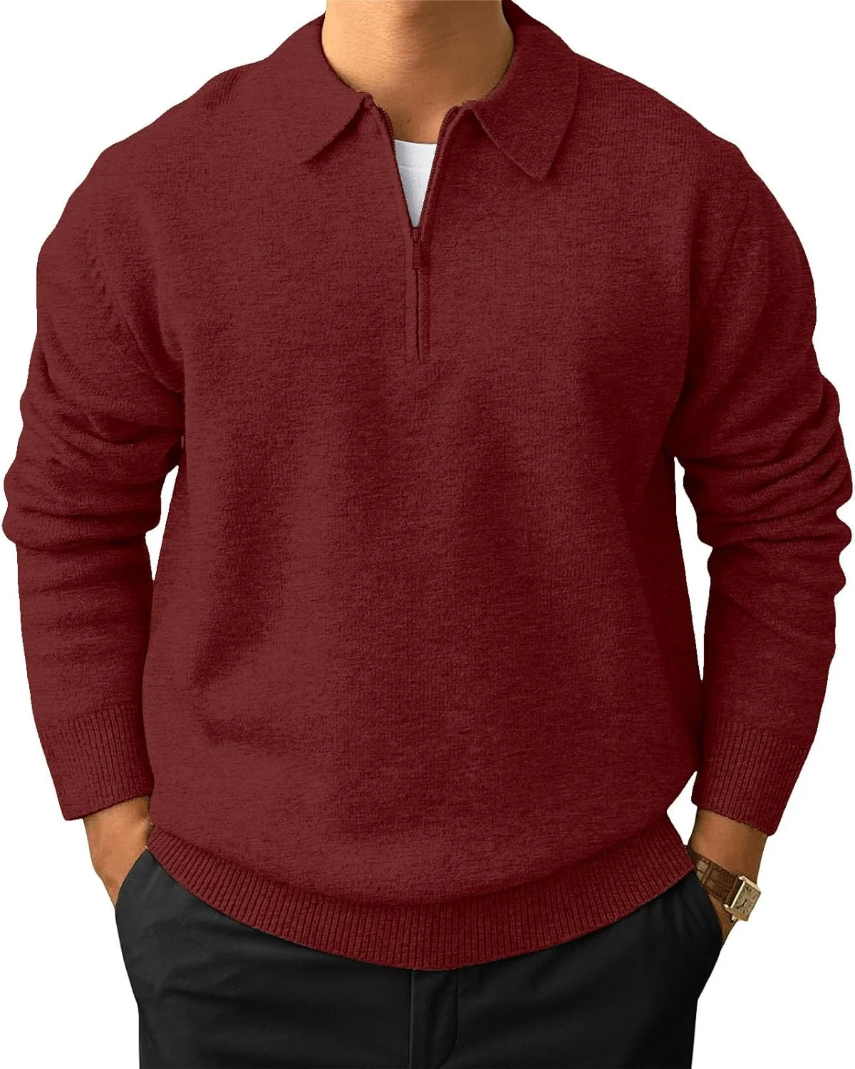 پلیور بافتنی یقه پولو آستین بلند مردانه، بلوز زیپ دار کلاسیک و گرم