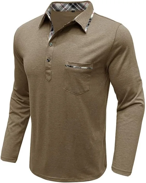 پولوشرت آستین بلند مردانه دکمه دار، تیشرت نخی شیک با جیب، مناسب استفاده روزمره پولوشرت آستین بلند مردانه دکمه دار، تیشرت نخی شیک با جیب، مناسب استفاده روزمره