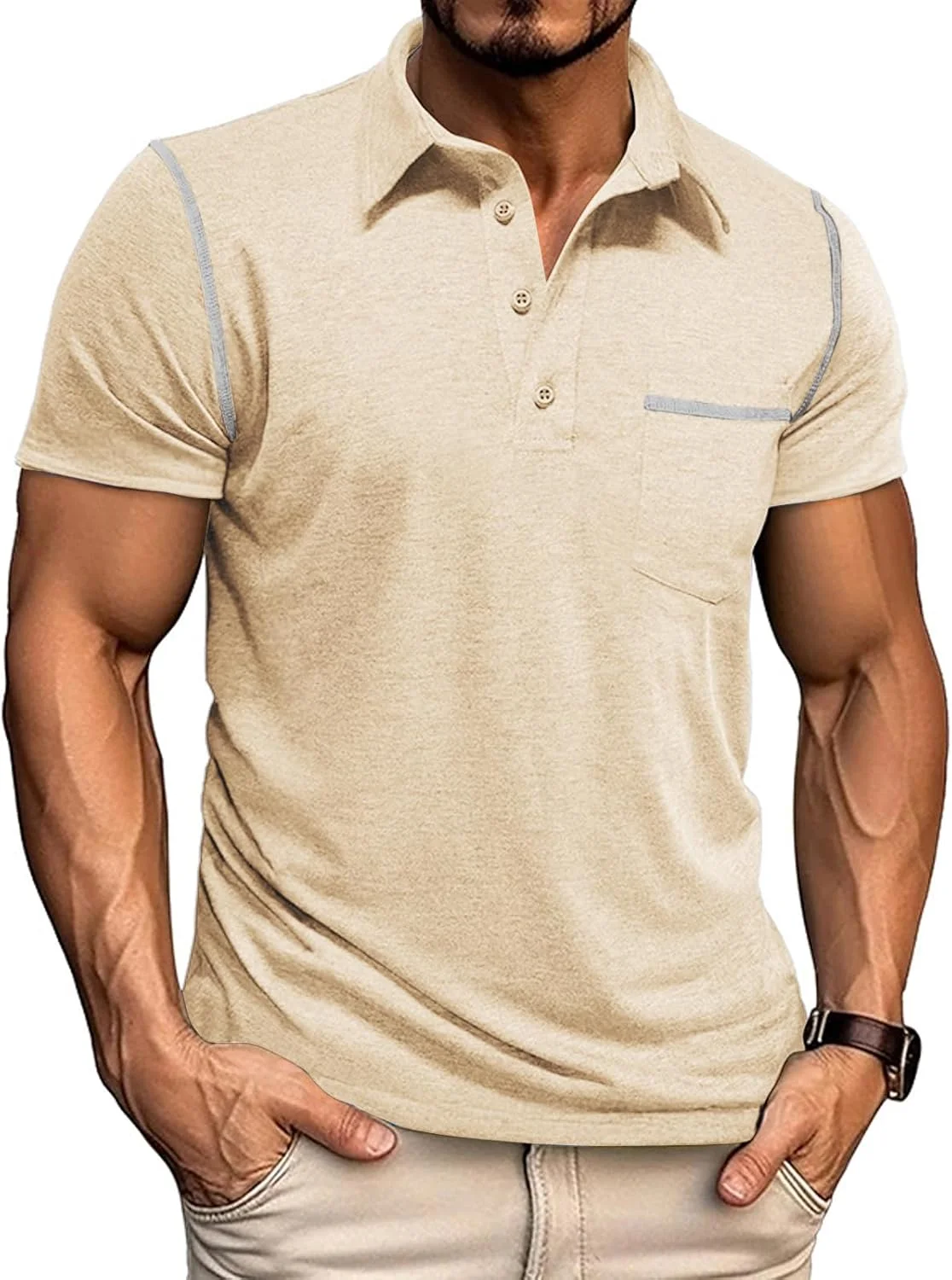 پولوشرت مردانه آستین کوتاه کلاسیک دکمه دار با جیب