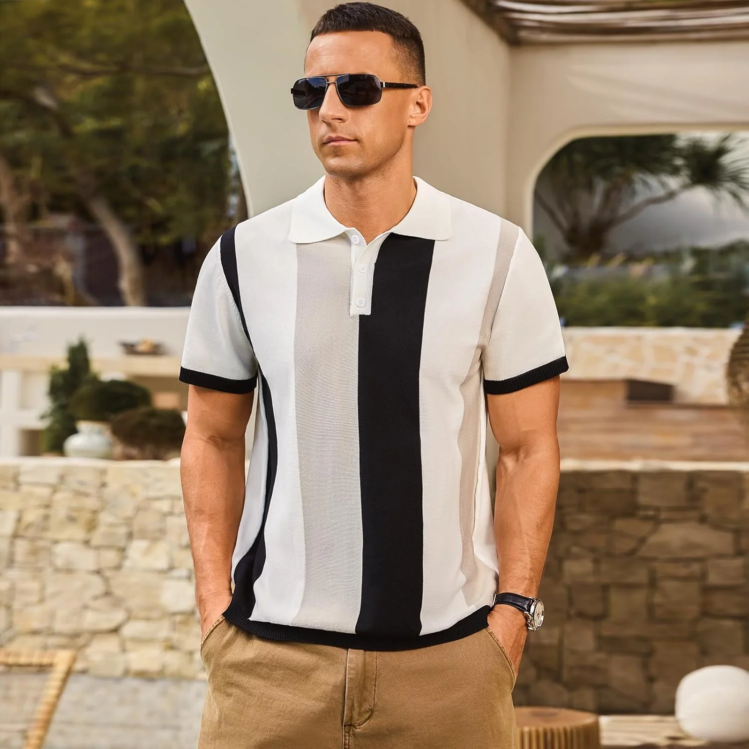 پولوشرت مردانه غیر رسمی، بافت راه راه دکمه دار، یقه دار مناسب گلف