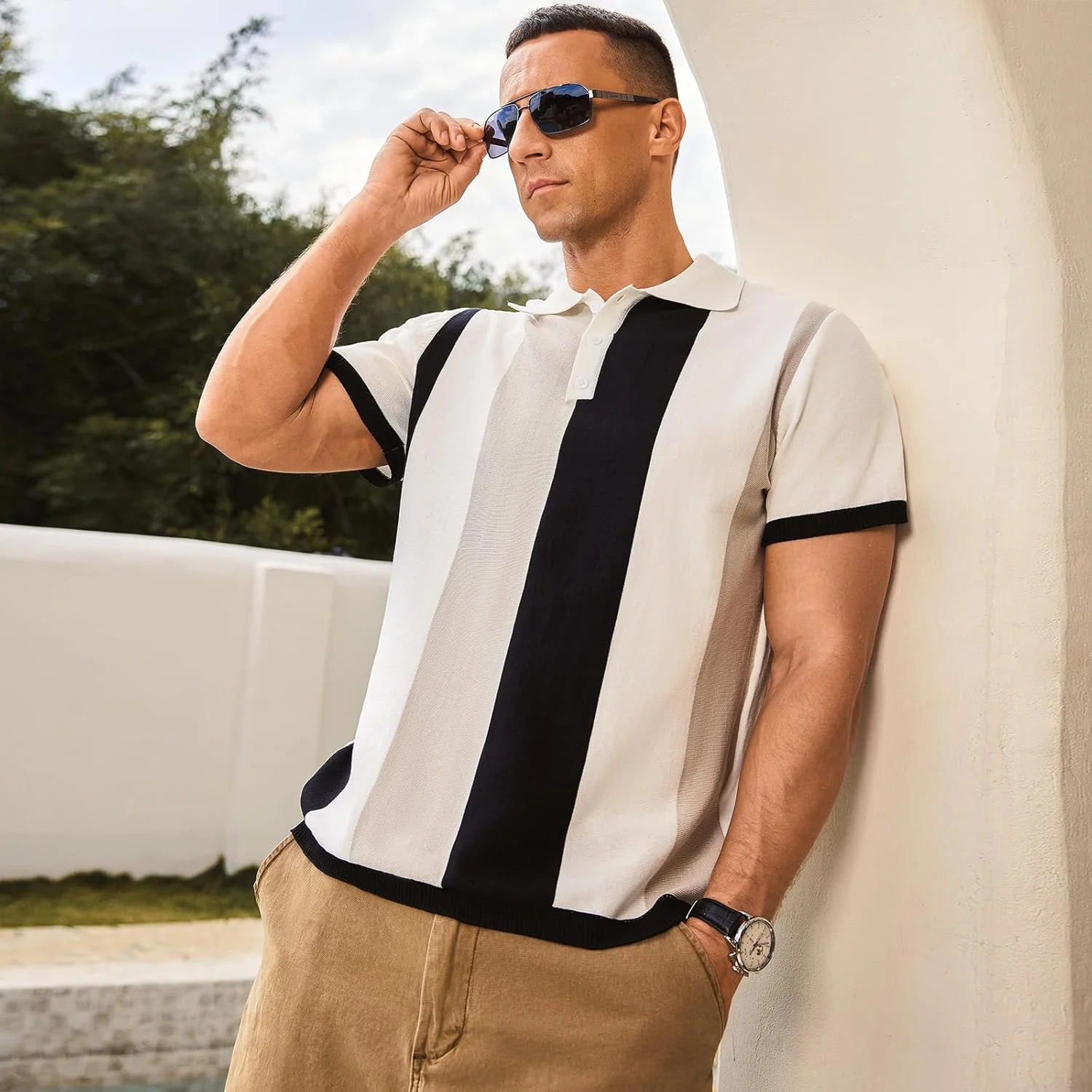 پولوشرت مردانه غیر رسمی، بافت راه راه دکمه دار، یقه دار مناسب گلف