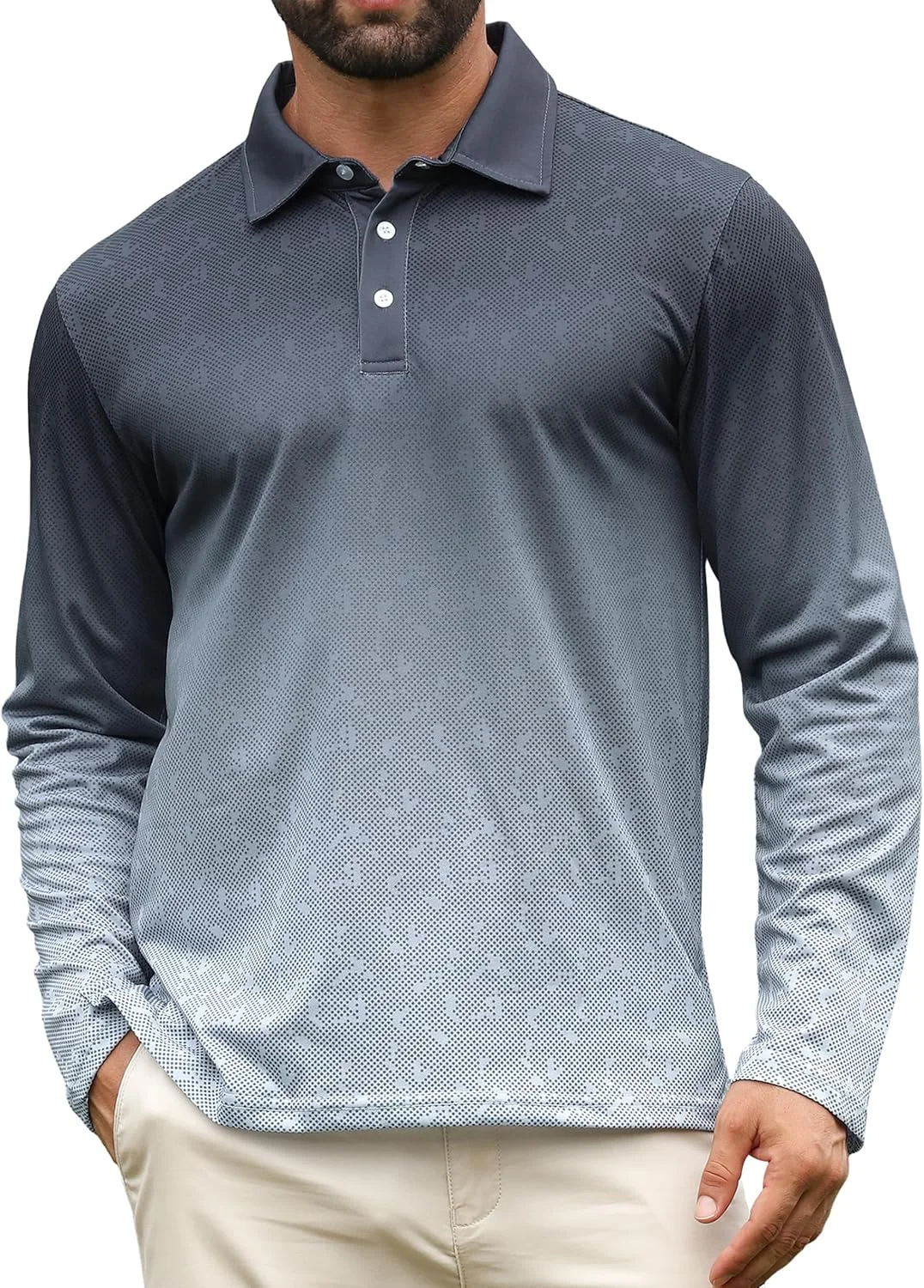 پولوشرت آستین بلند مردانه APTRO، مناسب گلف، با قابلیت خشک شدن سریع و جذب رطوبت، طرح چاپی شیک