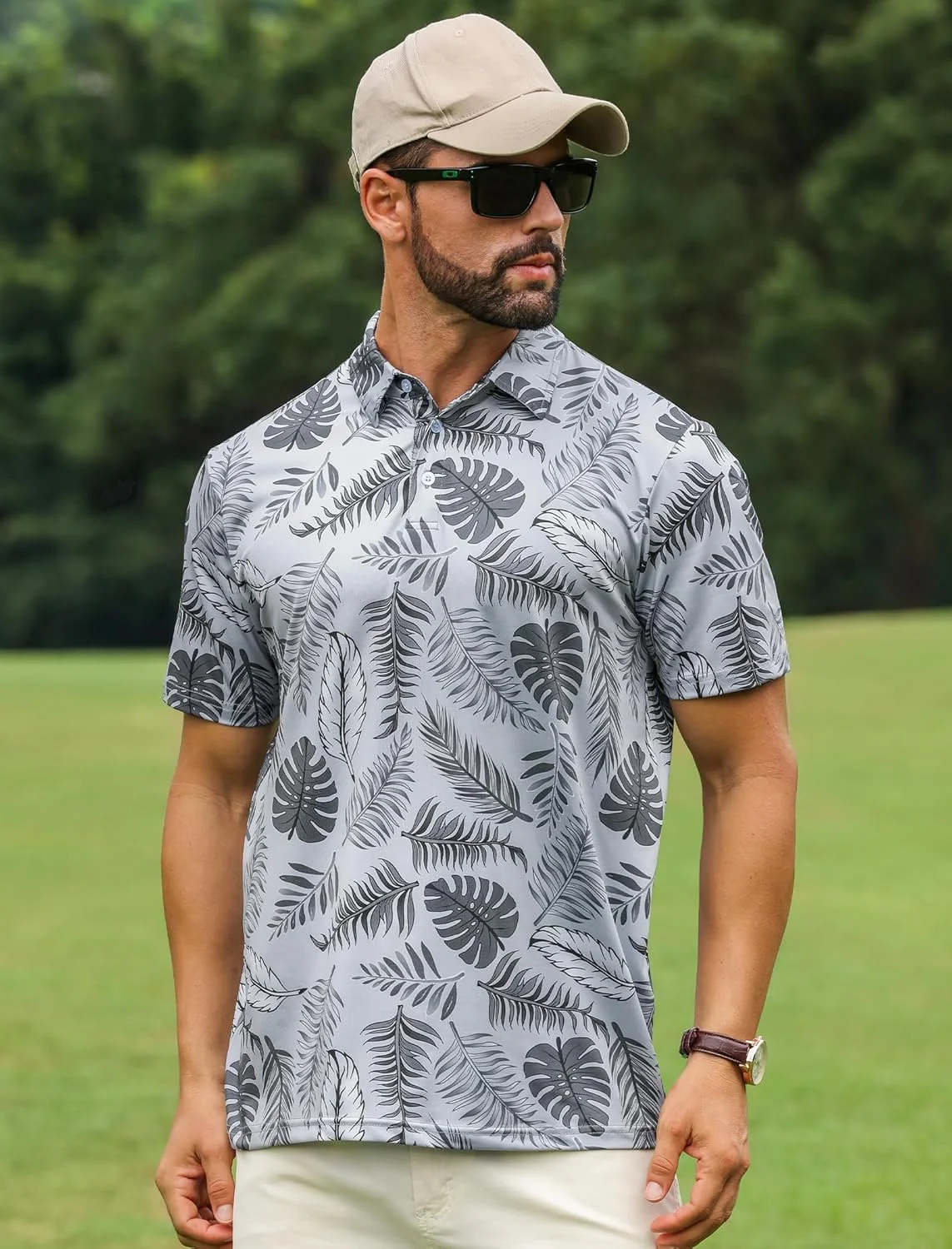 پولوشرت مردانه APTRO مناسب گلف، پولوشرت هاوایی رطوبت گیر با طرح چاپی و آستین کوتاه
