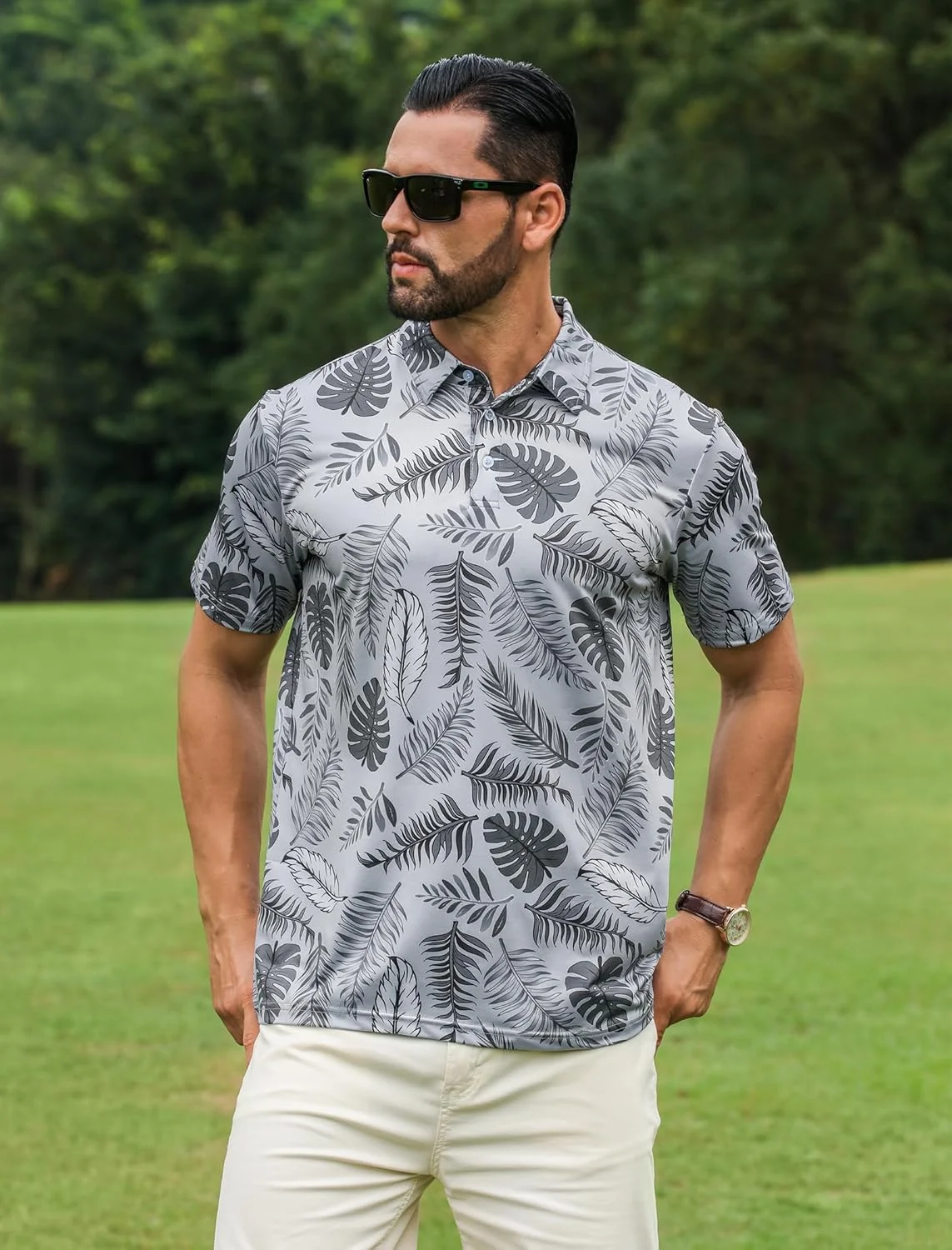 پولوشرت مردانه APTRO مناسب گلف، پولوشرت هاوایی رطوبت گیر با طرح چاپی و آستین کوتاه