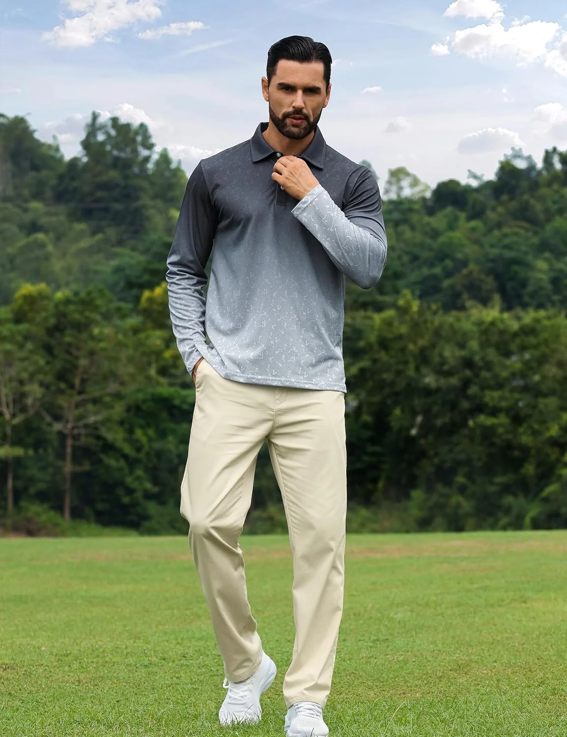 پولوشرت آستین بلند مردانه APTRO، مناسب گلف، با قابلیت خشک شدن سریع و جذب رطوبت، طرح چاپی شیک