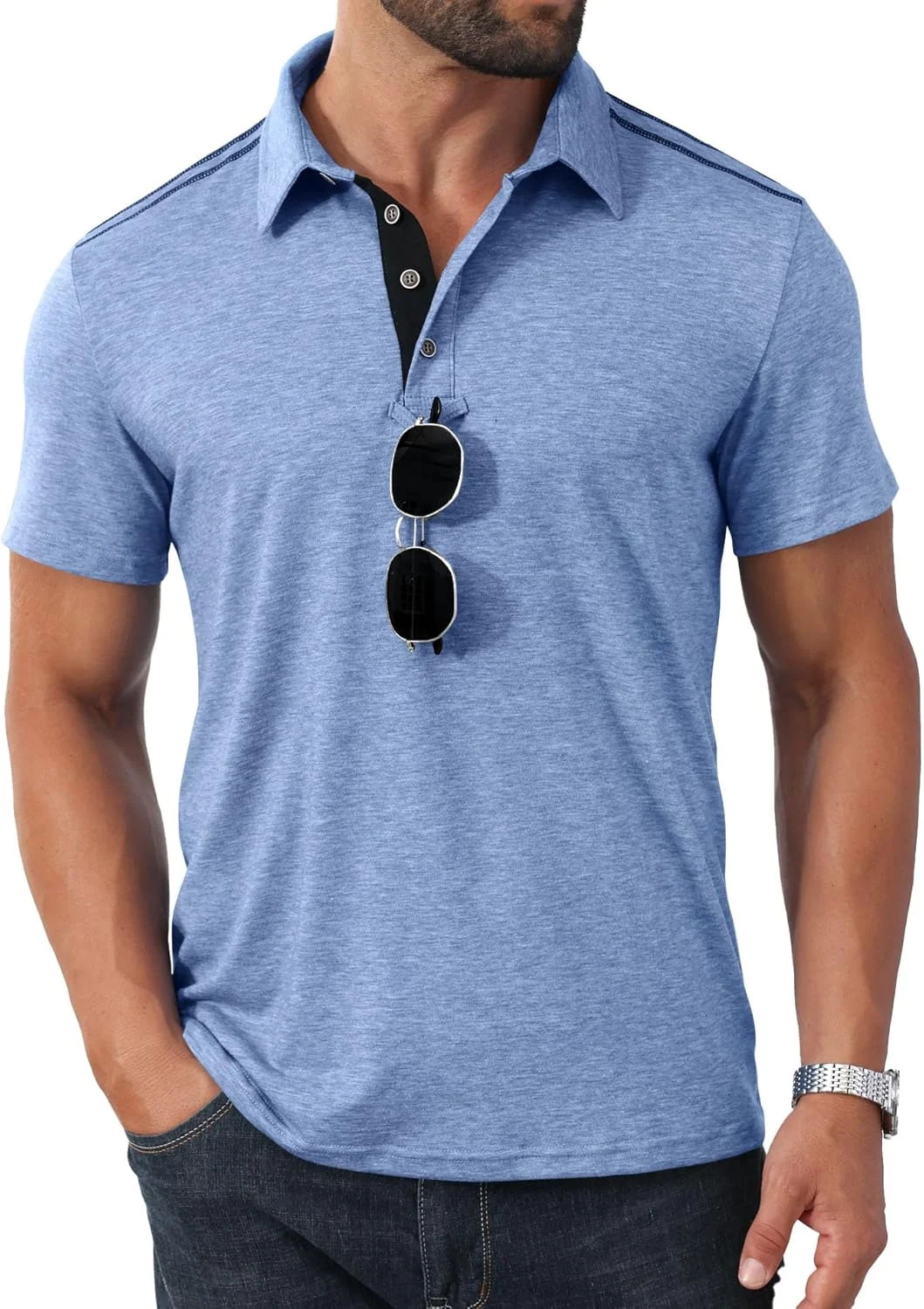 پولوشرت دکمه دار مردانه آستین کوتاه، تیشرت تابستانی غیررسمی، فیت باریک، رنگ متضاد، مناسب گلف