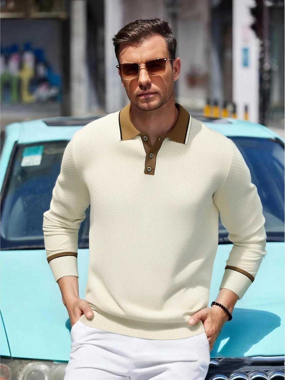 پیراهن های پولو بافتنی مردانه Alex Vando آستین بلند، ژاکت مد روزمره، پیراهن های پولو دکمه دار کلاسیک