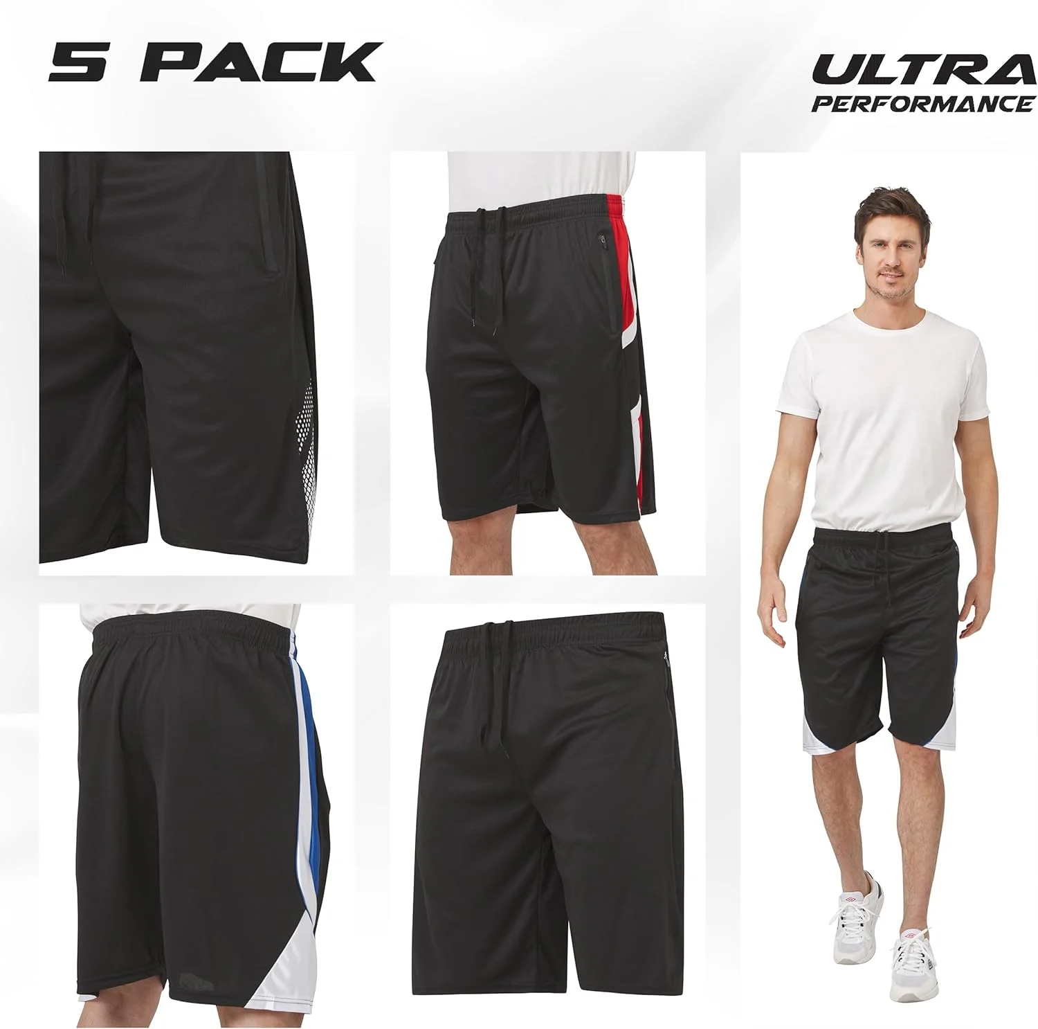 شورت ورزشی مردانه، بسته 5 عددی، مناسب دویدن، بسکتبال و تمرینات ورزشی با جیب زیپ‌دار