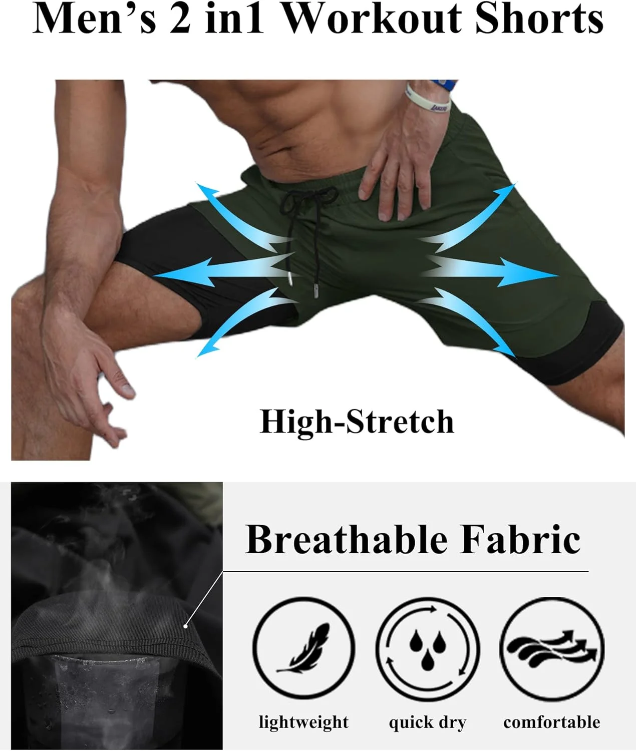 شورت ورزشی مردانه COOFANDY، بسته 2 عددی، شورت 2 در 1 مناسب دویدن، خشک‌شونده سریع، مناسب تمرینات ورزشی و جاگینگ، دارای جیب موبایل