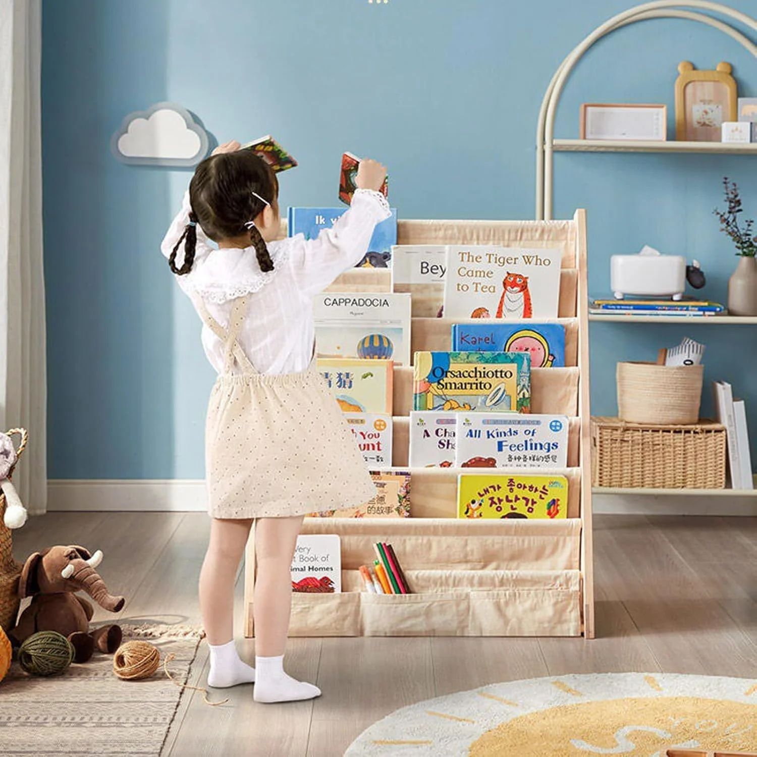 قفسه کتاب کودک U-HOOME با محفظه نگهداری عمیق، قفسه کتاب 6 طبقه چوبی طبیعی، قفسه مجله، قفسه کتاب کودک نوپا برای اتاق خواب، اتاق بازی، نگهداری اسباب بازی (کارتونی)
