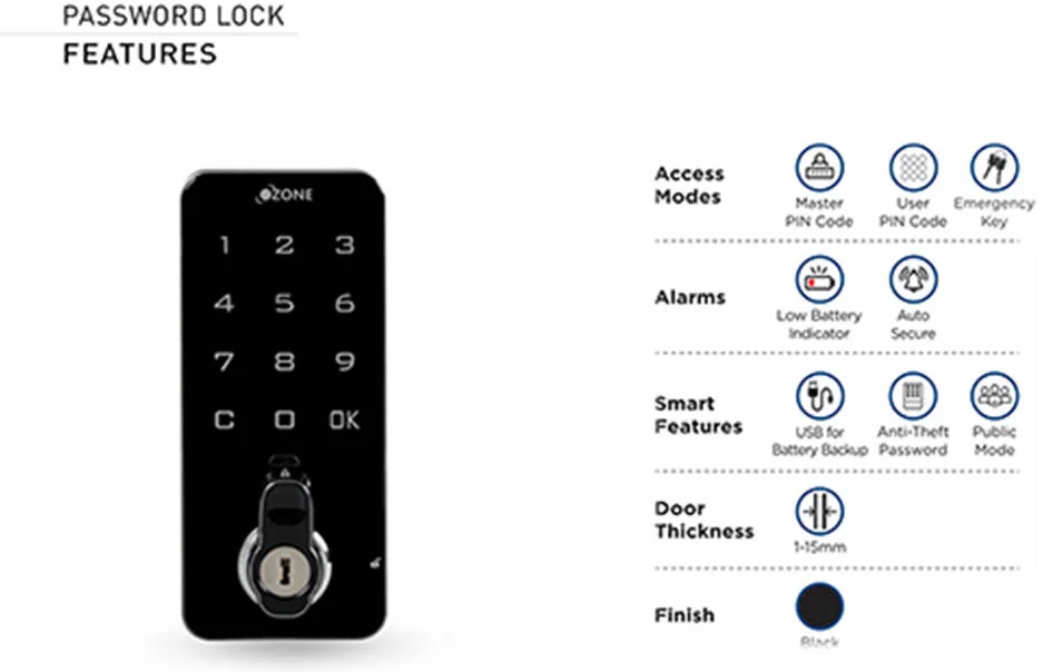 قفل رمزی و کلیدی اوزون، دسترسی با کد پین، مناسب برای ضخامت 1 تا 18 میلی متر، پنل دیجیتال لمسی، فناوری کد پین درهم، حالت امن/مسدود خودکار، مشکی | OZFL-101-PK