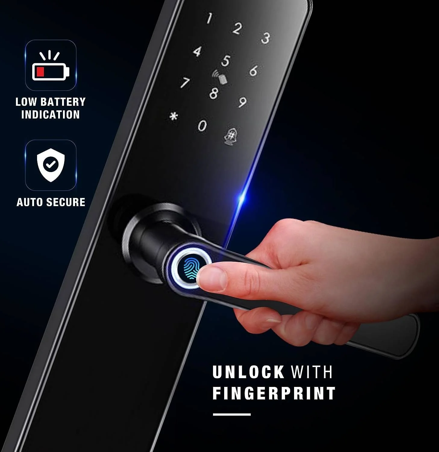 قفل درب دیجیتال هوشمند ازن، با کد پین، کارت RFID و کلید مکانیکی، اپلیکیشن موبایل، اعلان باتری کم، قفل حریم خصوصی، روکش برنزی عتیقه مشکی | OZ-FDL-04-LIFE-BL