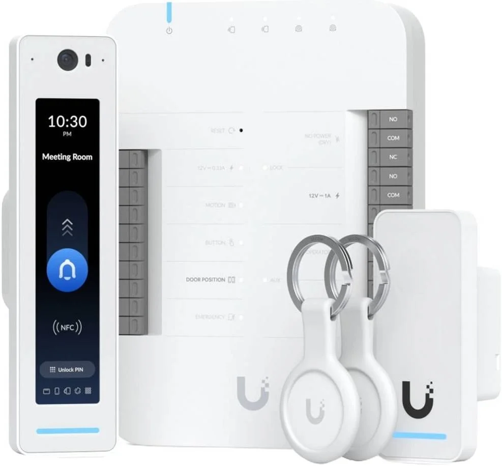 کیت استارتر Ubiquiti G2 Pro، کنترلر تک درب شبکه، کارت خوان NFC با برد خواندن 1.2 اینچ، فناوری MIFARE 13.56 مگاهرتز، دوربین 12 مگاپیکسلی، ریدرهای دارای استاندارد IP55، سفید | UA-G2-SK-PRO