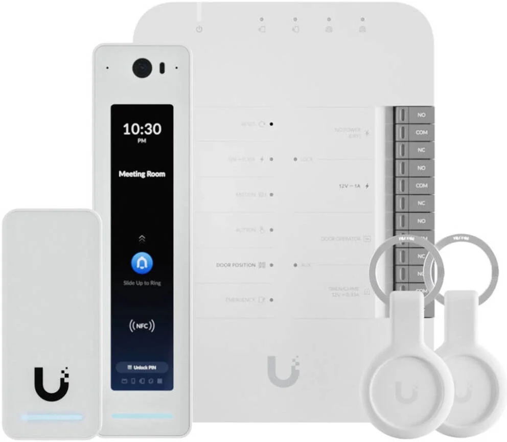 کیت استارتر Ubiquiti G2 Pro، کنترلر تک درب شبکه، کارت خوان NFC با برد خواندن 1.2 اینچ، فناوری MIFARE 13.56 مگاهرتز، دوربین 12 مگاپیکسلی، ریدرهای دارای استاندارد IP55، سفید | UA-G2-SK-PRO