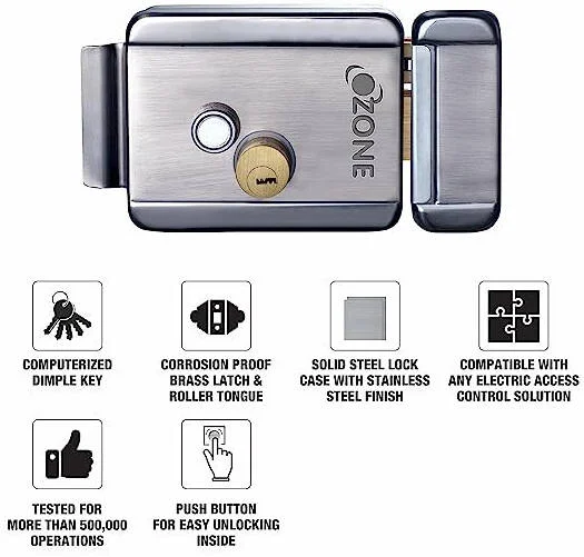 قفل ریم الکتریکی ازن، قفل هوشمند، 5 کلید نقطه‌ای کامپیوتری، سیلندر دوبل برنجی، دکمه فشاری فولادی، ضد خوردگی، بدنه قفل فولادی جامد، استیل ضد زنگ | OZ-ERL01-R