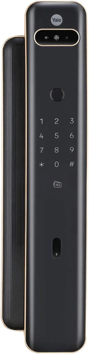قفل درب هوشمند تشخیص چهره Yale Luna Pro+، اسکن چهره با نور ساختاریافته سه بعدی، اثر انگشت، پین، RFID، قفل خودکار، مشکی مات با حاشیه طلایی شامپاین، مناسب برای درب های 40 تا 100 میلی متر | 05-LNPL-4-04-55-11