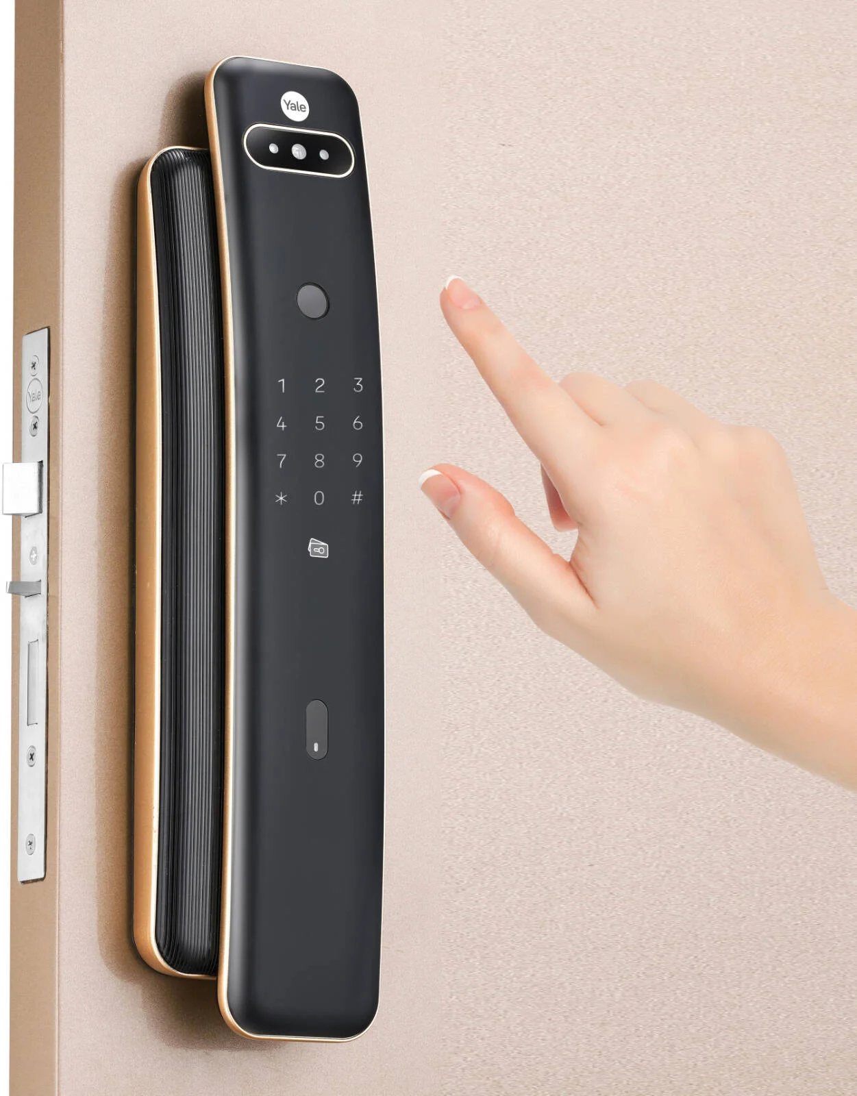 قفل درب هوشمند تشخیص چهره Yale Luna Pro+، اسکن چهره با نور ساختاریافته سه بعدی، اثر انگشت، پین، RFID، قفل خودکار، مشکی مات با حاشیه طلایی شامپاین، مناسب برای درب های 40 تا 100 میلی متر | 05-LNPL-4-04-55-11 قفل درب هوشمند تشخیص چهره Yale Luna Pro+، اسکن چهره با نور ساختاریافته سه بعدی، اثر انگشت، پین، RFID، قفل خودکار، مشکی مات با حاشیه طلایی شامپاین، مناسب برای درب های 40 تا 100 میلی متر | 05-LNPL-4-04-55-11