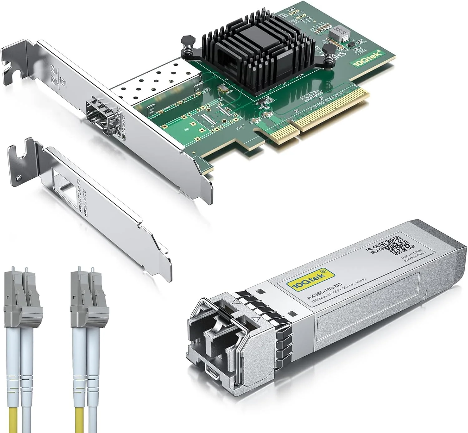 کارت شبکه PCI-E 10 گیگابیتی و فرستنده و گیرنده SFP+ 10GBase-SR و کابل فیبر نوری LC به LC یک متری OM3