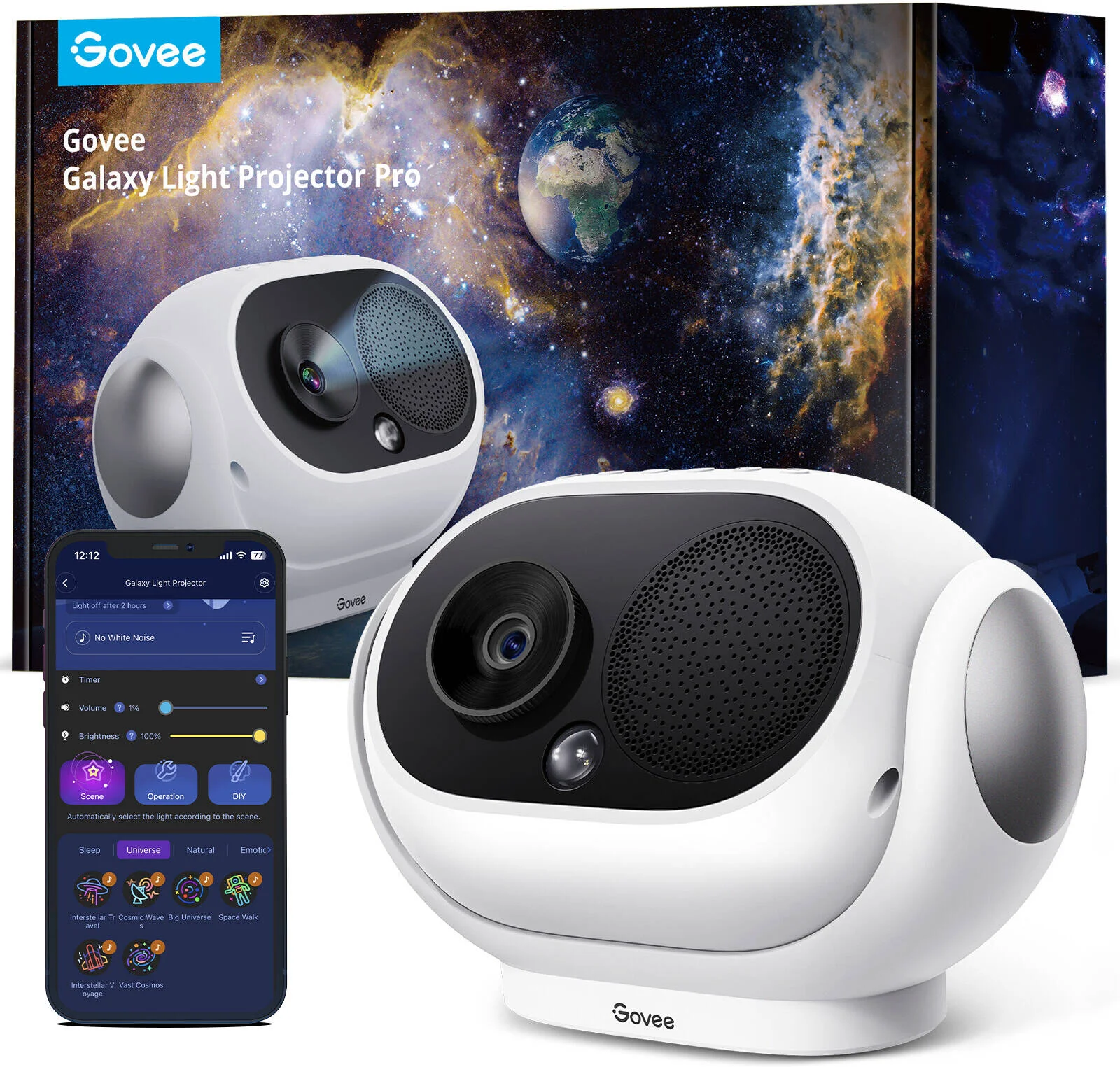 پروژکتور نوری کهکشانی Govee Pro، اتصال به برنامه از طریق Wi-Fi 2.4 گیگاهرتز + بلوتوث، 38 حالت صحنه، 37 صدای سفید، کنترل صوتی با الکسا و دستیار گوگل، سفید | H6092