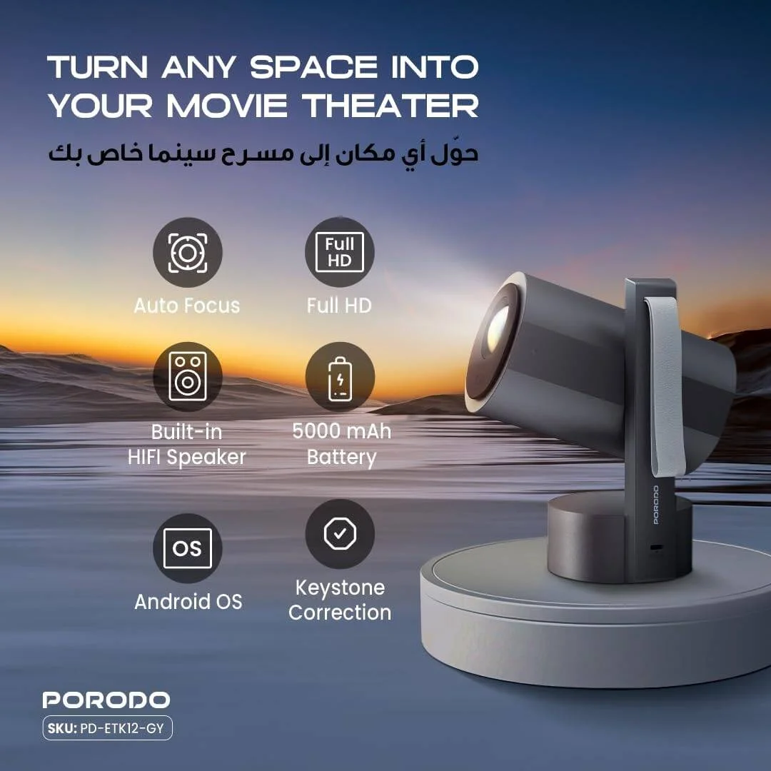 پروژکتور هوشمند فول اچ دی Porodo با فوکوس خودکار و تصحیح کیستون، زاویه قابل تنظیم 270 درجه، بلندگوی داخلی، اتصال Wi-Fi و بلوتوث، مینی پروژکتور قابل حمل برای خانه و محل کار با باتری 5000 میلی آمپر ساعت پروژکتور هوشمند فول اچ دی Porodo با فوکوس خودکار و تصحیح کیستون، زاویه قابل تنظیم 270 درجه، بلندگوی داخلی، اتصال Wi-Fi و بلوتوث، مینی پروژکتور قابل حمل برای خانه و محل کار با باتری 5000 میلی آمپر ساعت