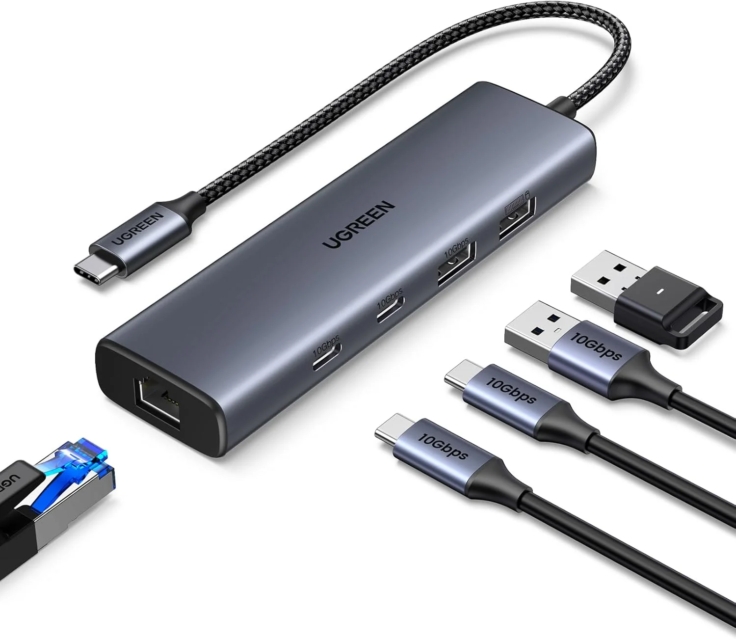 هاب اترنت USB C یوگرین 10 گیگابیت بر ثانیه با 2 پورت USB C 3.2 و 2 پورت USB A LAN، سازگار با آیپد پرو/ایر، مک بوک پرو/ایر، گلکسی S24، استیم دک و غیره