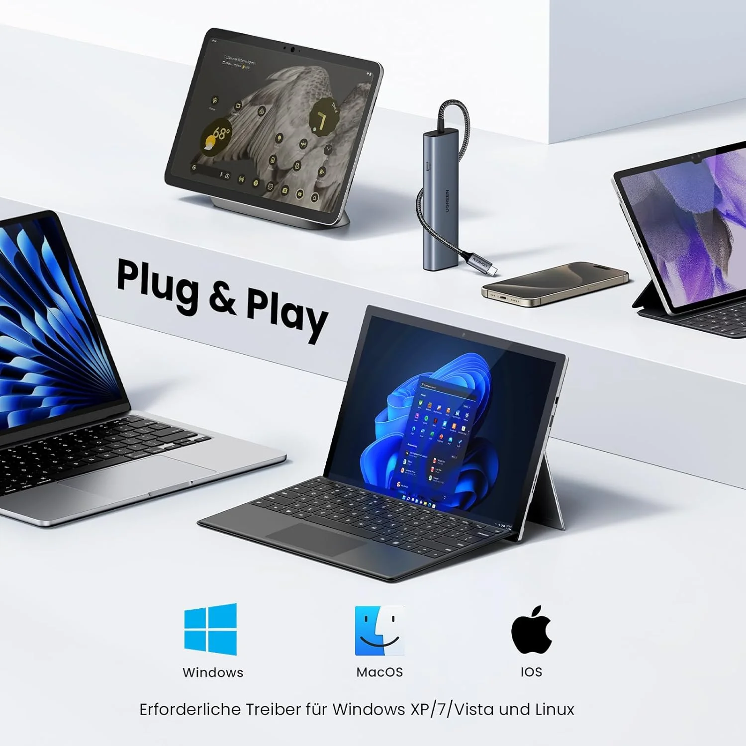 هاب اترنت USB C یوگرین 10 گیگابیت بر ثانیه با 2 پورت USB C 3.2 و 2 پورت USB A LAN، سازگار با آیپد پرو/ایر، مک بوک پرو/ایر، گلکسی S24، استیم دک و غیره