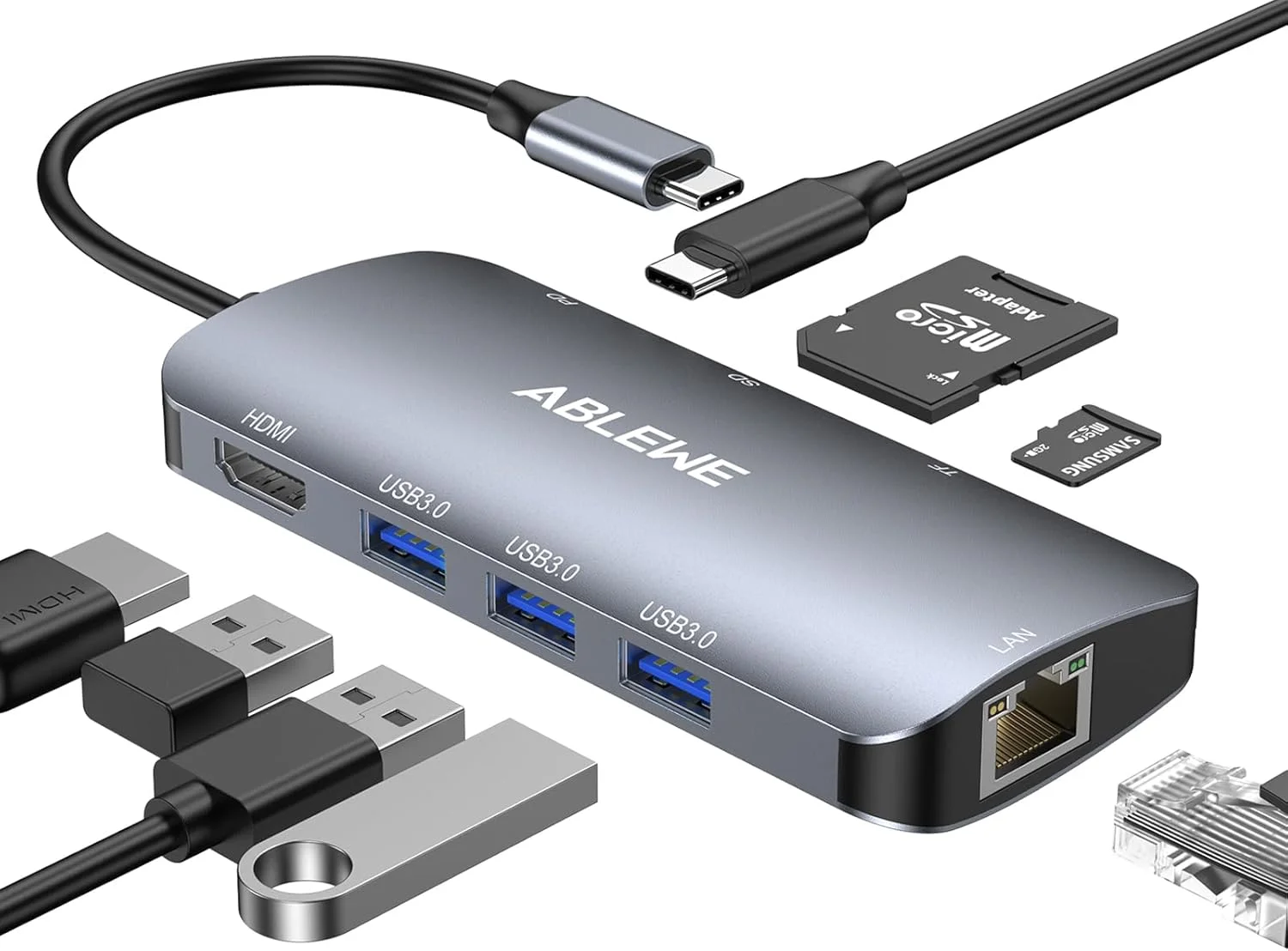 هاب USB C آبل‌وی 8 در 1 با اترنت 1000M RJ45 LAN، HDMI 4K، پاور دلیوری 87W، کارت‌خوان SD/TF، 3 پورت USB 3.0، آداپتور هاب چند پورت برای لپ‌تاپ - مک‌بوک پرو ایر M1 M2، اچ‌پی، دل، سرفیس