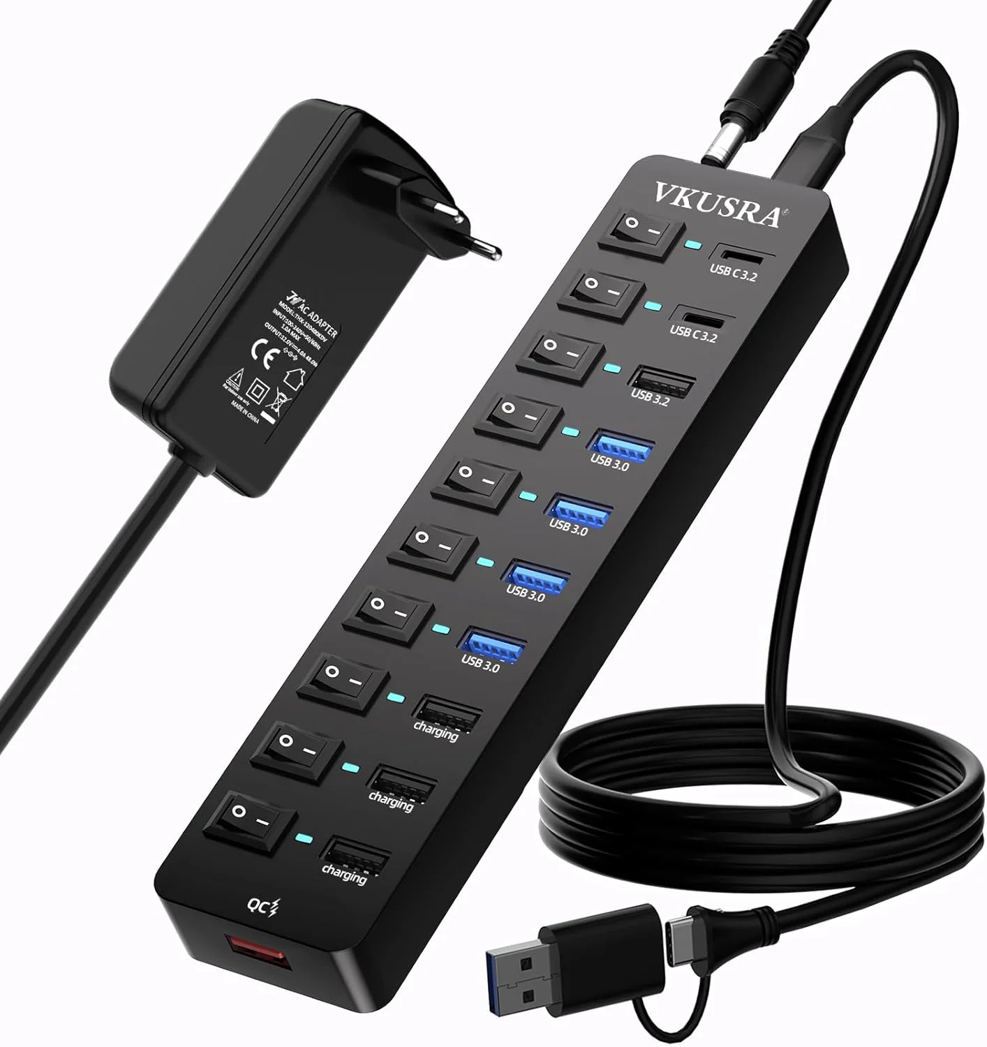 هاب USB با آداپتور برق، هاب 11 پورت USB C 3.2 با پورت های داده 10Gbps USB-C 3.2 *2 و پورت داده USB 3.2، 4 پورت USB 3.0 با سرعت 5Gbps و 4 پورت شارژ سریع، کابل داده 2 در 1 با 120 سانتی متر و آداپتور برق 12V/4A
