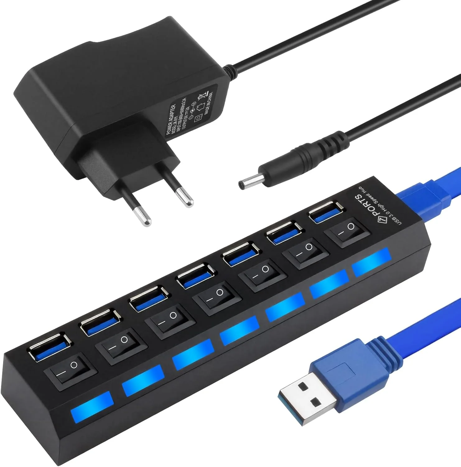 هاب USB با 7 پورت و سوئیچ و چراغ‌های LED جداگانه، هاب USB 3.0 2.0 با آداپتور برق برای لپ‌تاپ، کامپیوتر و سایر دستگاه‌های USB، شامل آداپتور برق 5 ولت/2 آمپر