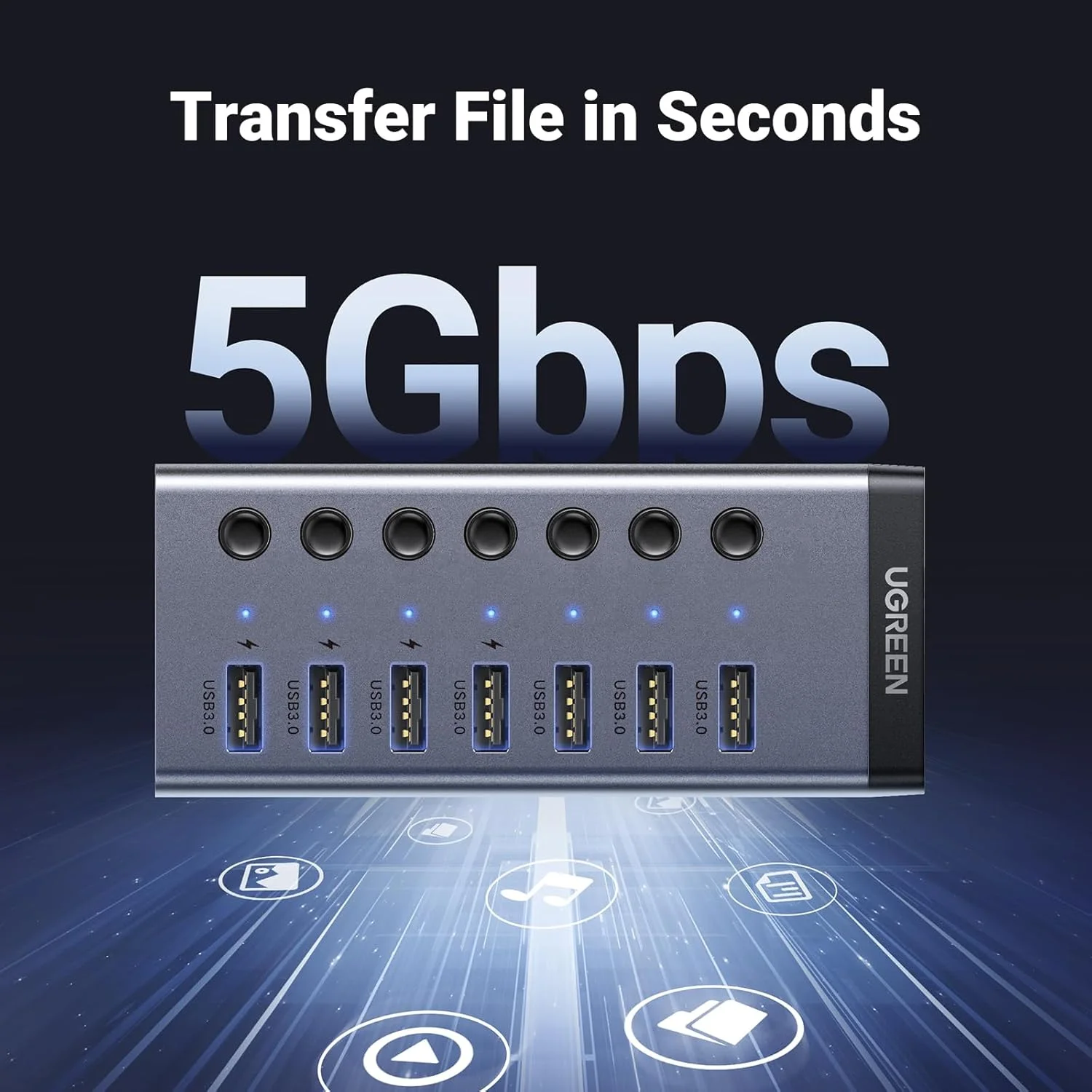 هاب USB 3.0 یوگرین، آداپتور USB هفت پورت با 4 پورت شارژ هوشمند، اسپلیتر USB با کلیدهای روشن/خاموش LED جداگانه و آداپتور برق، توسعه دهنده پورت های USB برای لپ تاپ و کامپیوتر