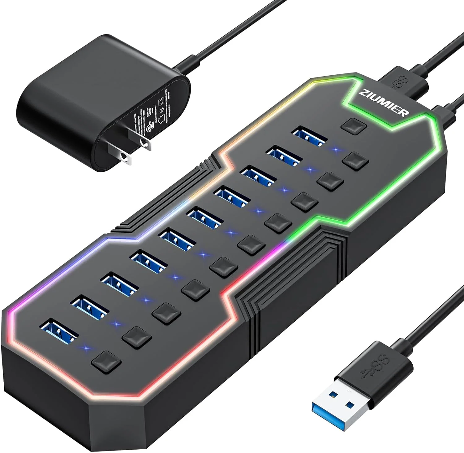 هاب USB با منبع تغذیه ZIUMIER، هاب 10 پورت USB 3.0 با نوار LED RGB و آداپتور برق 12V/2A، توسعه دهنده USB، سوئیچ های روشن/خاموش LED جداگانه برای مک، کامپیوتر، دسکتاپ، فلش درایو، هارد دیسک موبایل