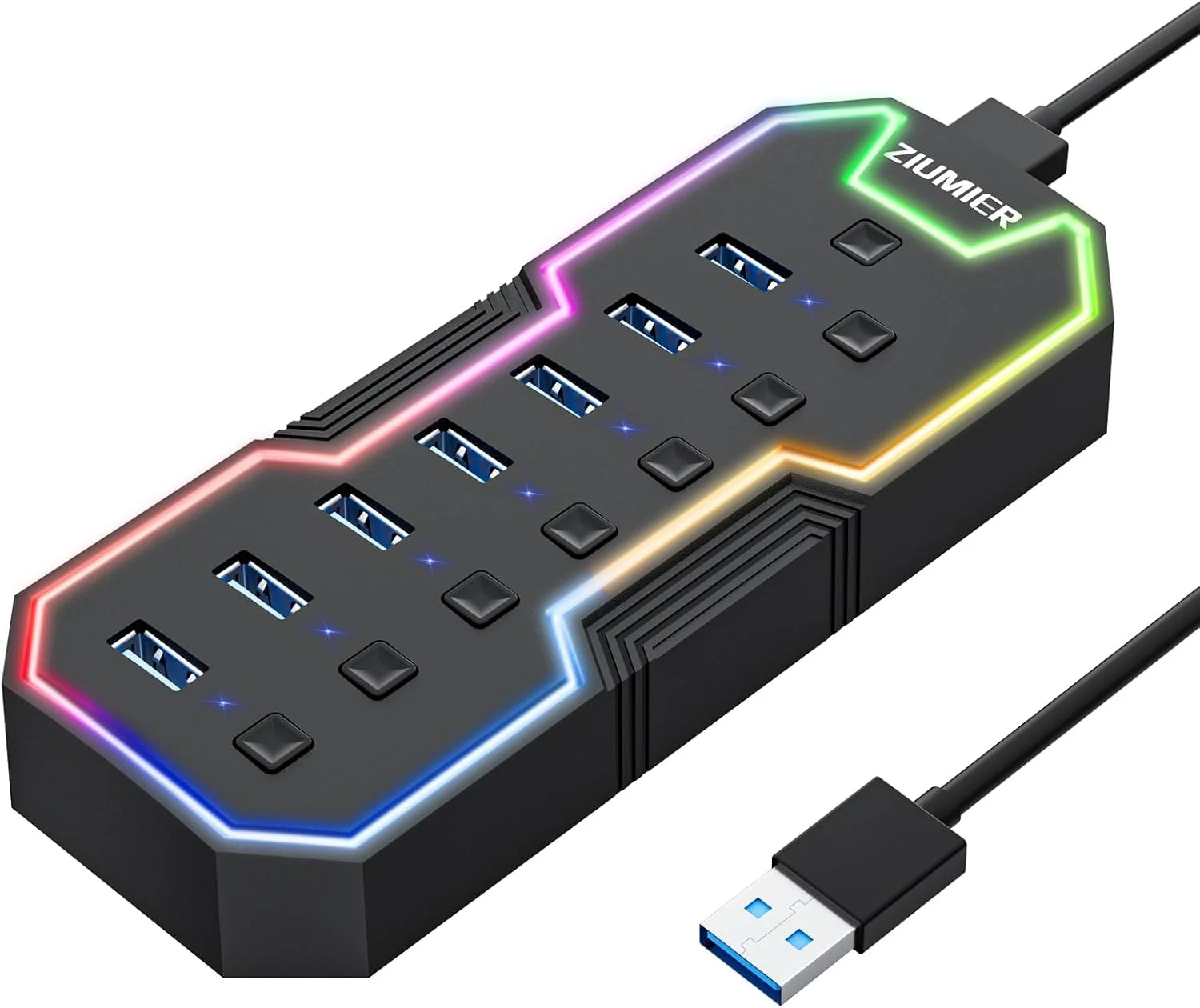 هاب USB 3.0 زیومیر، توسعه دهنده USB با 7 پورت به همراه نوار LED RGB، هاب USB برای لپ تاپ، سوئیچ های روشن/خاموش LED جداگانه برای مک، کامپیوتر، دسکتاپ، فلش درایو، هارد دیسک موبایل