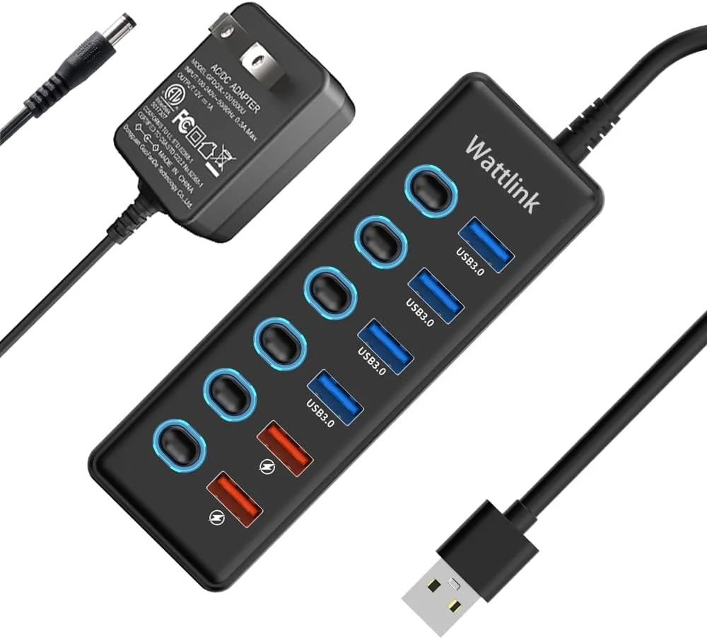 هاب USB 3.0 با آداپتور برق، اسپلیتر 6 پورت، 4 پورت دیتا + 2 پورت شارژ سریع QC 3.0، سوئیچ های LED جداگانه، مشکی