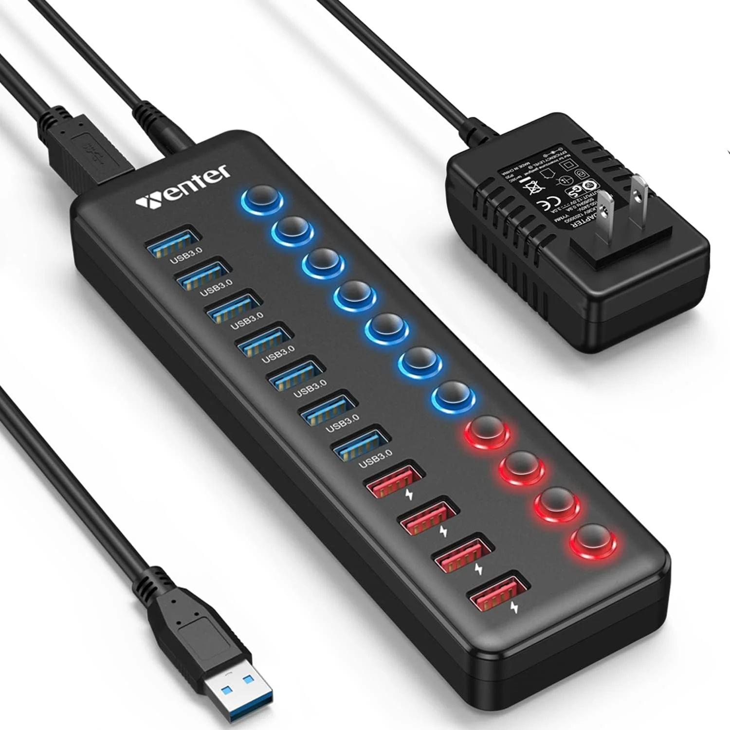 هاب USB 3.0 با منبع تغذیه، اسپلیتر 11 پورت ونتر (7 پورت انتقال داده سریعتر + 4 پورت شارژ هوشمند) با سوئیچ های روشن/خاموش LED جداگانه، آداپتور برق برای مک، کامپیوتر