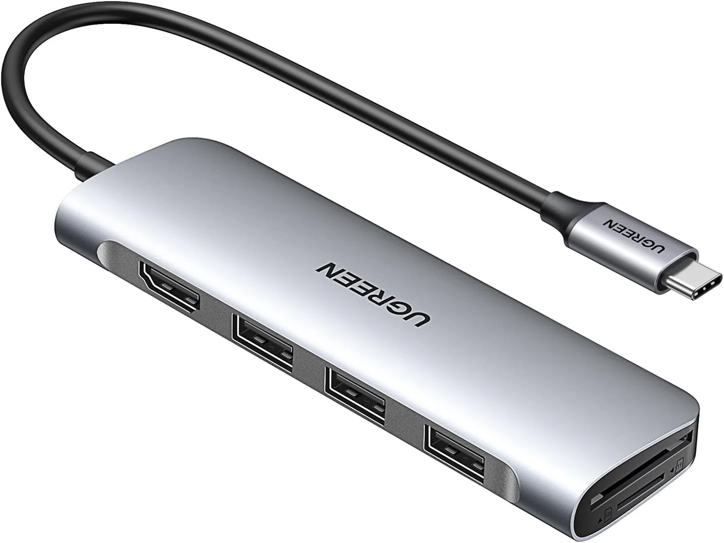 هاب چند پورت USB C یوگرین Revodok 106، آداپتور 6 در 1 با HDMI 4K، کارت خوان SD/TF و 3 پورت USB 3.0، هاب Type C برای آیفون 17، مک بوک پرو/ایر، آیپد، دل، پرو مکس، سامسونگ S25 نقره ای