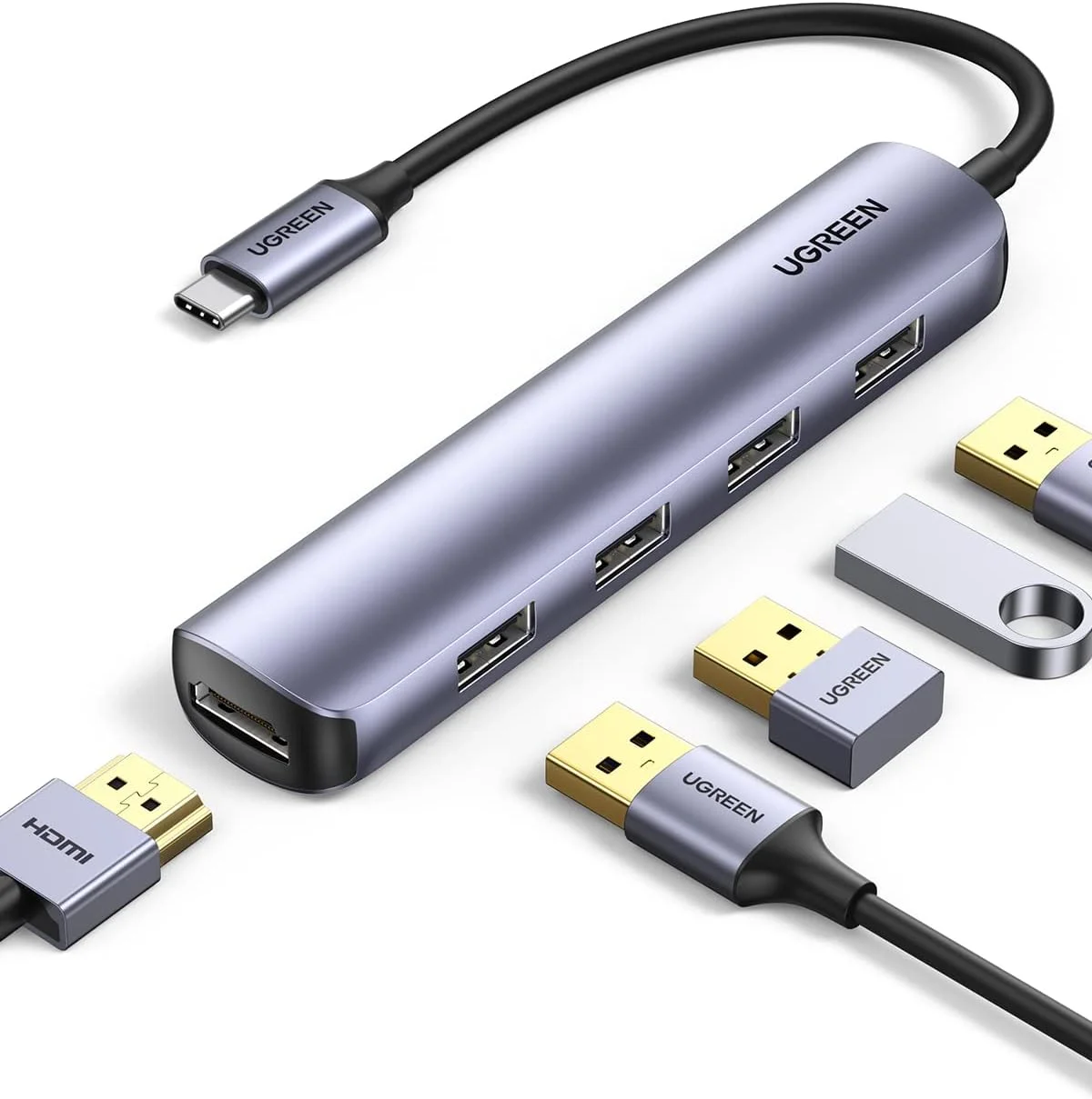 هاب USB C یوگرین 5 در 1، آداپتور چند پورت HDMI، داک Type C فوق العاده باریک با 4 پورت USB 3.0 انتقال داده 4K HDMI سازگار با Macbook Pro/Air 2023 Huawei MateBook Dell, HP, XPS, iPad Pro/Air و غیره