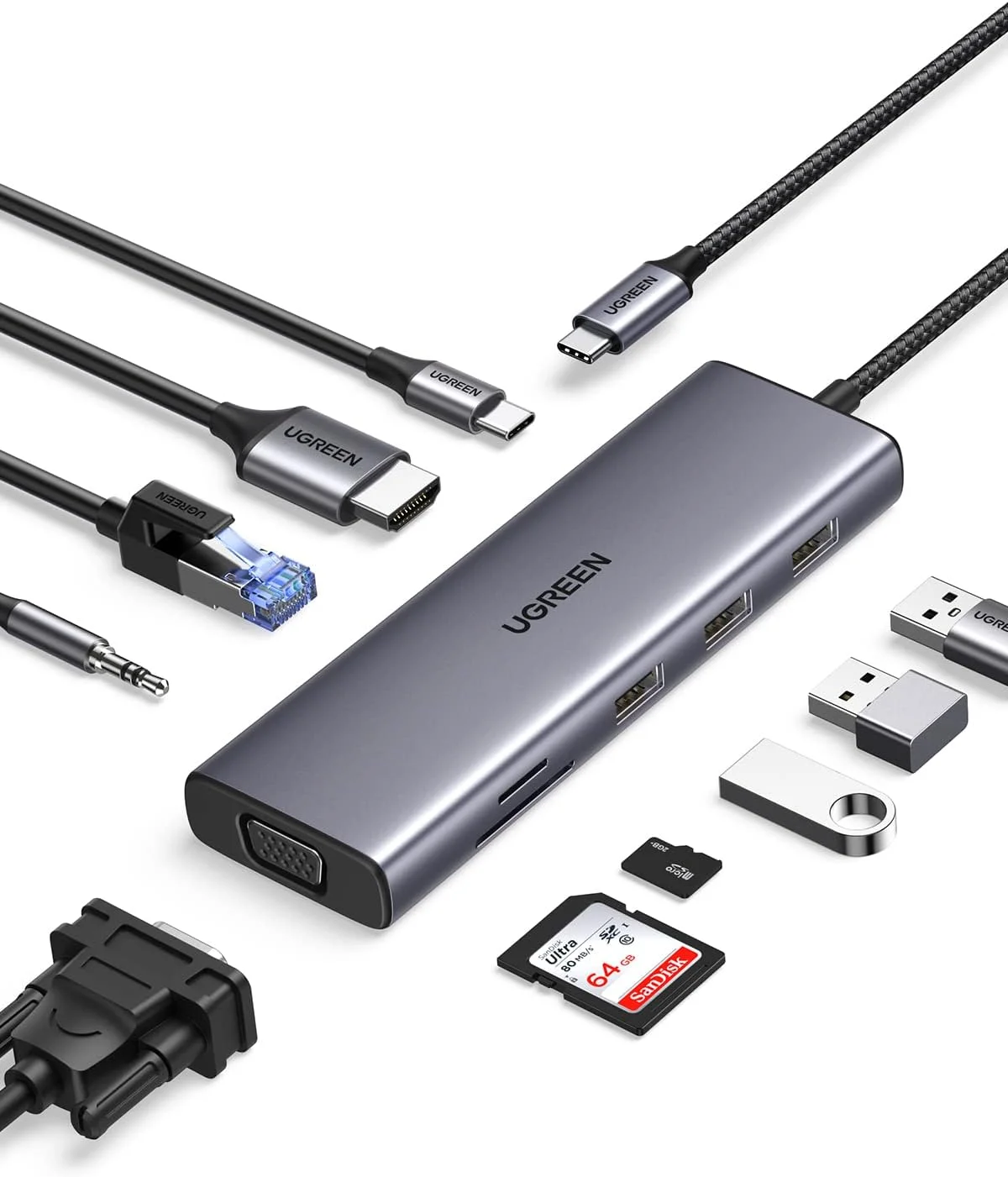 هاب USB C یوگرین 10 در 1 با خروجی دوگانه ویدیویی 4K HDMI و FHD VGA، پورت PD 100W، گیگابیت اترنت، پورت های USB 3.0، درگاه 3.5 میلی متری، اسلات SD/TF آداپتور چند پورت برای MacBook Pro/Air 2023، HP