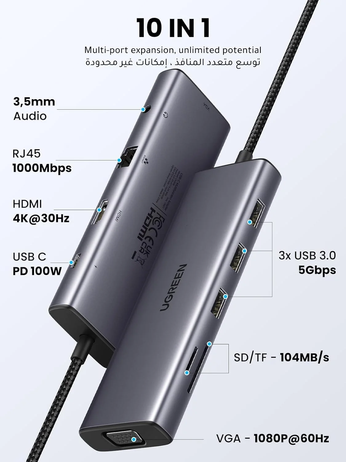 هاب USB C یوگرین 10 در 1 با خروجی دوگانه ویدیویی 4K HDMI و FHD VGA، پورت PD 100W، گیگابیت اترنت، پورت های USB 3.0، درگاه 3.5 میلی متری، اسلات SD/TF آداپتور چند پورت برای MacBook Pro/Air 2023، HP هاب USB C یوگرین 10 در 1 با خروجی دوگانه ویدیویی 4K HDMI و FHD VGA، پورت PD 100W، گیگابیت اترنت، پورت های USB 3.0، درگاه 3.5 میلی متری، اسلات SD/TF آداپتور چند پورت برای MacBook Pro/Air 2023، HP