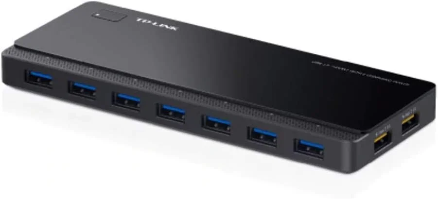 هاب 7 پورت USB 3.0 TP-Link Micro B با 2 پورت شارژ اختصاصی 2.4 آمپر، محافظت ضد الکتریسیته ساکن، کابل USB 3.0 به طول 1 متر، سازگار با سیستم عامل های ویندوز، مک OS X و لینوکس، مشکی (UH720)