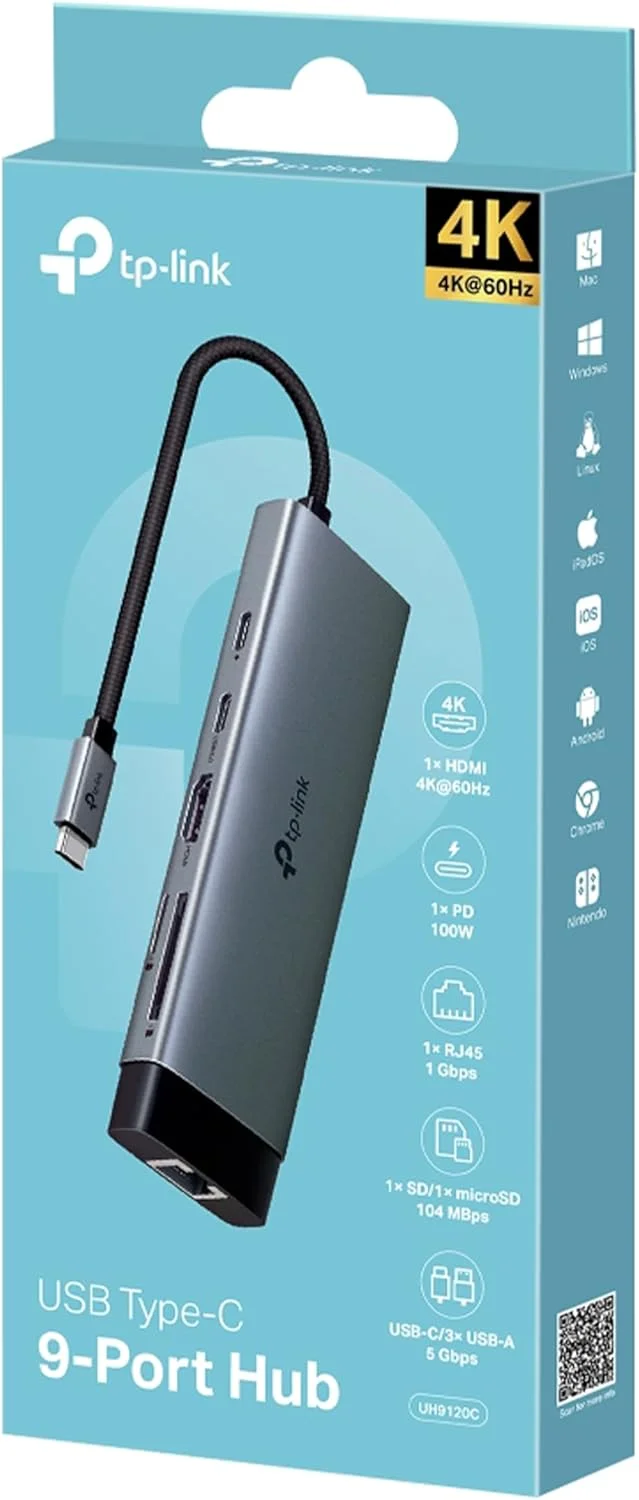 هاب ۹ پورت USB Type-C تی پی-لینک UH9120C | HDMI 4K | گیگابیت RJ45 | SD و microSD | PD 100W | USB 3.0 | Plug & Play | پشتیبانی از مک، ویندوز، لینوکس، آیپد او اس، آی او اس، اندروید، کروم