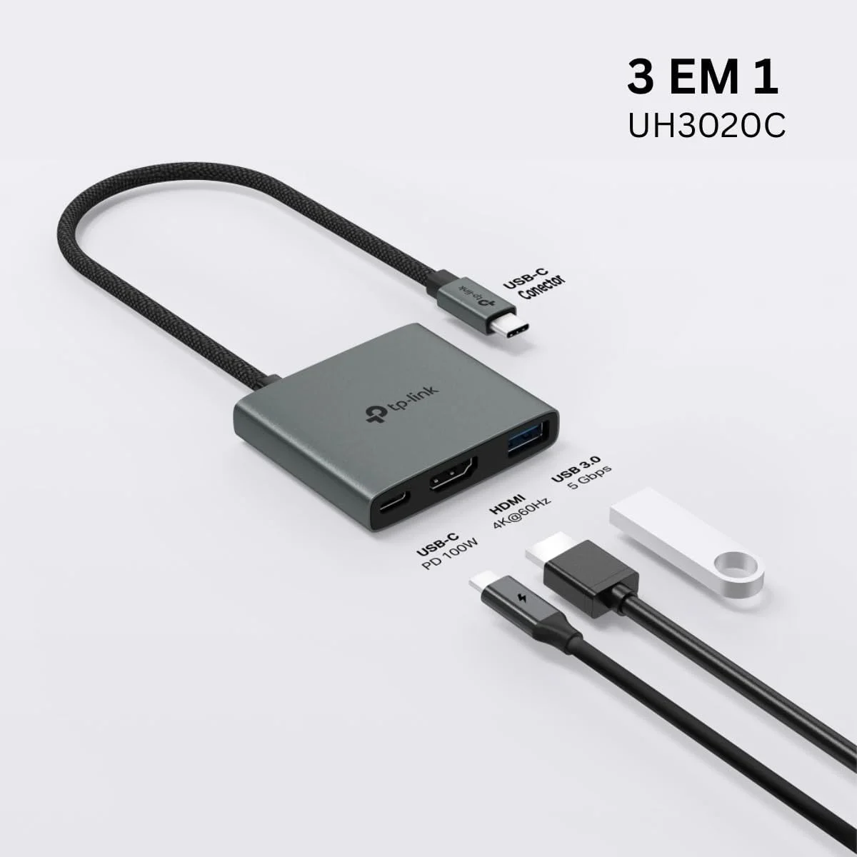 هاب 3 در 1 USB Type-C تی پی-لینک UH3020C | 1 پورت USB-A دیتا | HDMI 4K@60Hz | سرعت 5 گیگابیت بر ثانیه | نصب آسان | بدون نیاز به نصب درایور با سیستم عامل های مک، ویندوز 11/10/8.1/8/7، لینوکس، آیپد او اس، آی او اس، اندروید و کروم او اس.