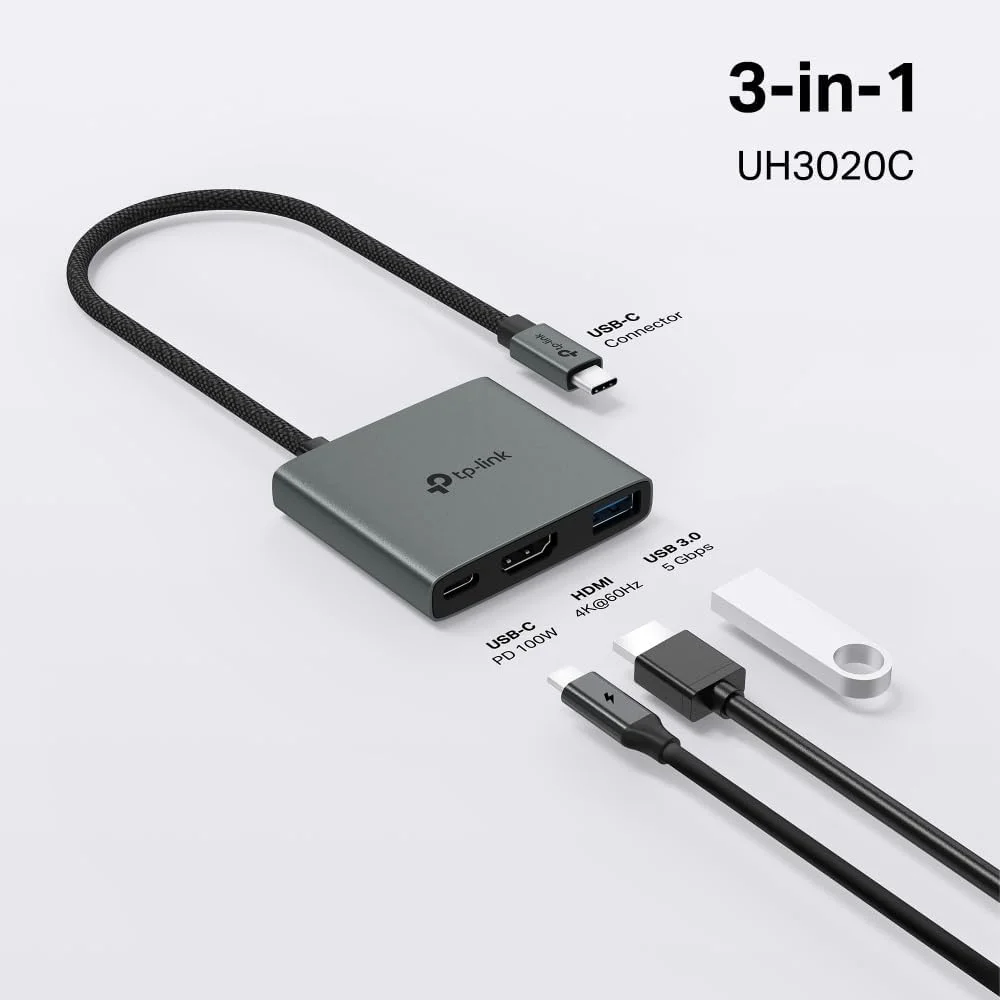 هاب USB-C تی‌پی‌لینک UH3020C با پورت HDMI 4K 60Hz، پورت USB-A 3.0 با سرعت 5Gbps، قابلیت Plug & Play، سازگار با سیستم‌عامل‌های مک، ویندوز، لینوکس، آیپد او اس، آی او اس، اندروید، کروم او اس، نینتندو