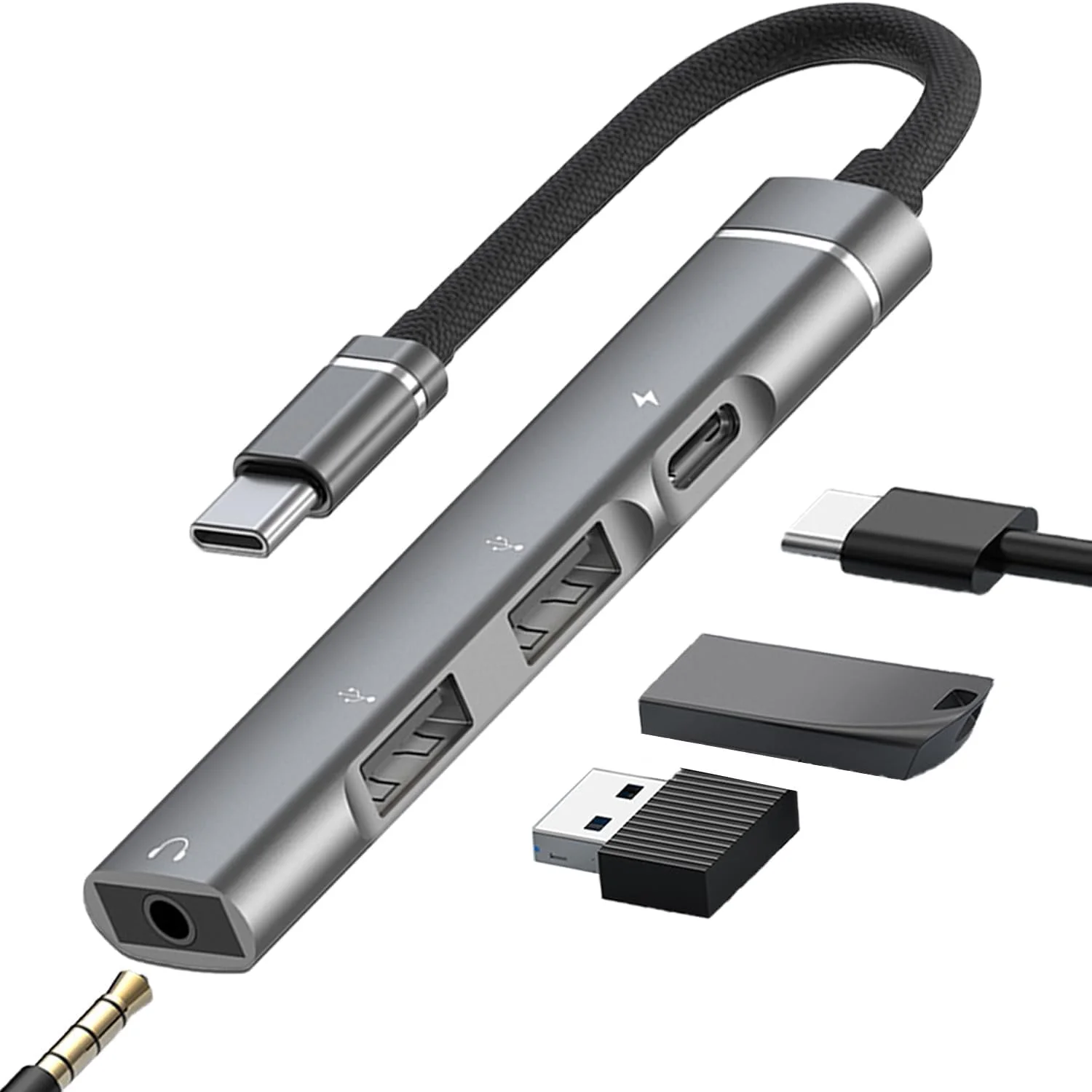 هاب USB C نالاکال، آداپتور چند پورت USB C چهاره در یک با جک هدفون 3.5 میلی متری، 2 پورت USB A، شارژ PD 15 واتی، دانگل آلومینیومی USB C OTG برای مک بوک ایر/پرو، آیپد پرو، XPS، آی مک، سامسونگ و غیره