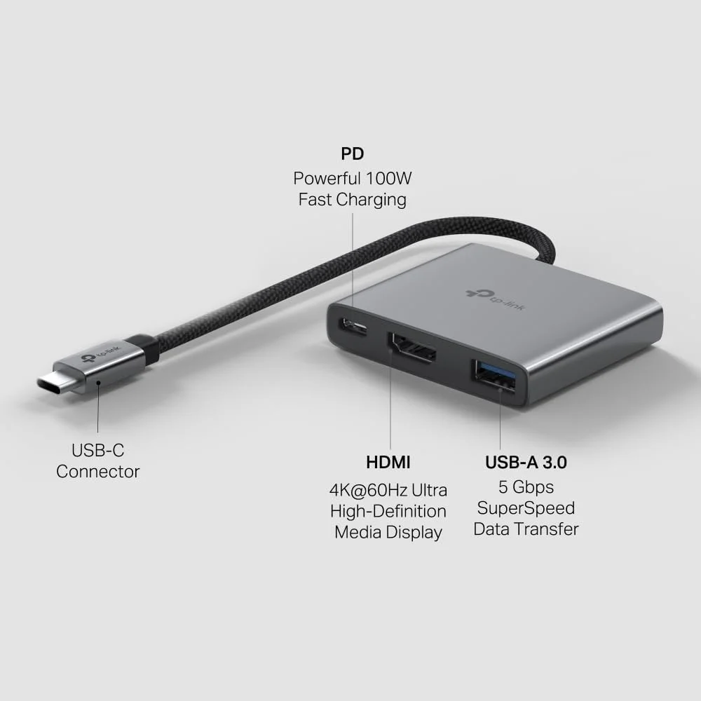 هاب USB-C تی‌پی‌لینک UH3020C با پورت HDMI 4K 60Hz، پورت USB-A 3.0 با سرعت 5Gbps، قابلیت Plug & Play، سازگار با سیستم‌عامل‌های مک، ویندوز، لینوکس، آیپد او اس، آی او اس، اندروید، کروم او اس، نینتندو